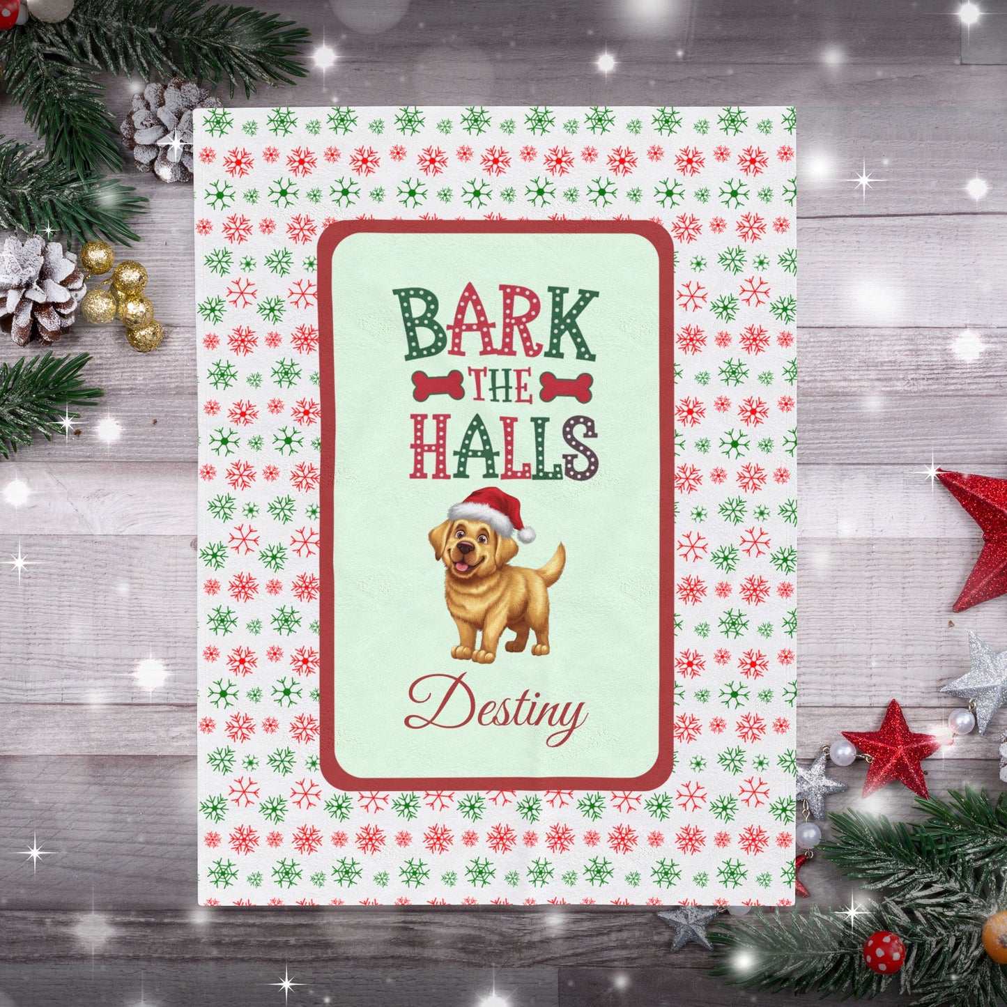 Labrador Retriever (Yellow) Personalized Velveteen Plush Blanket - "Bark The Halls" | Cozy Holiday Gift for Dog Lovers