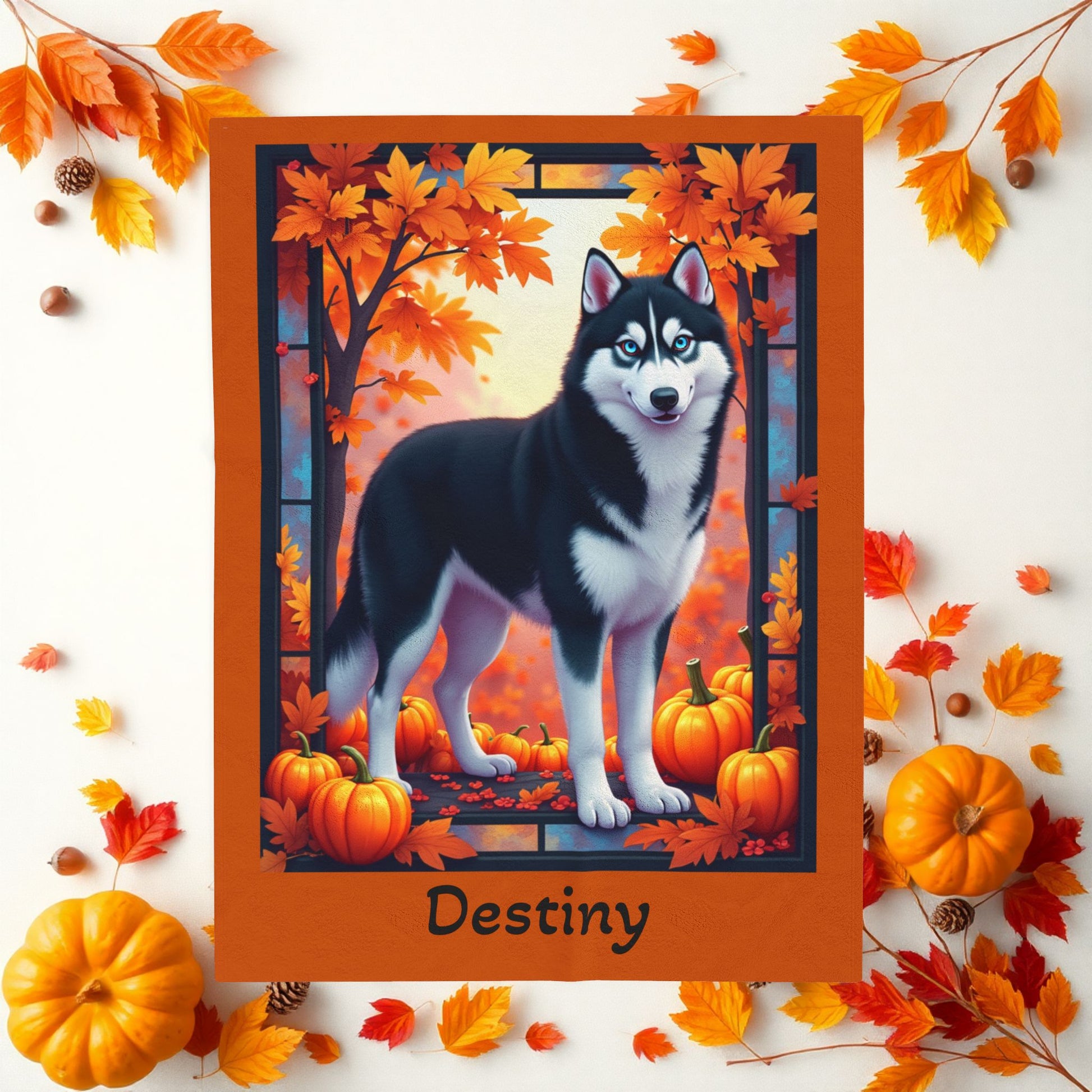 Siberian Husky Black & White Coat (Blue Eyes) Velveteen Blanket, Personalized Plush Dog Throw