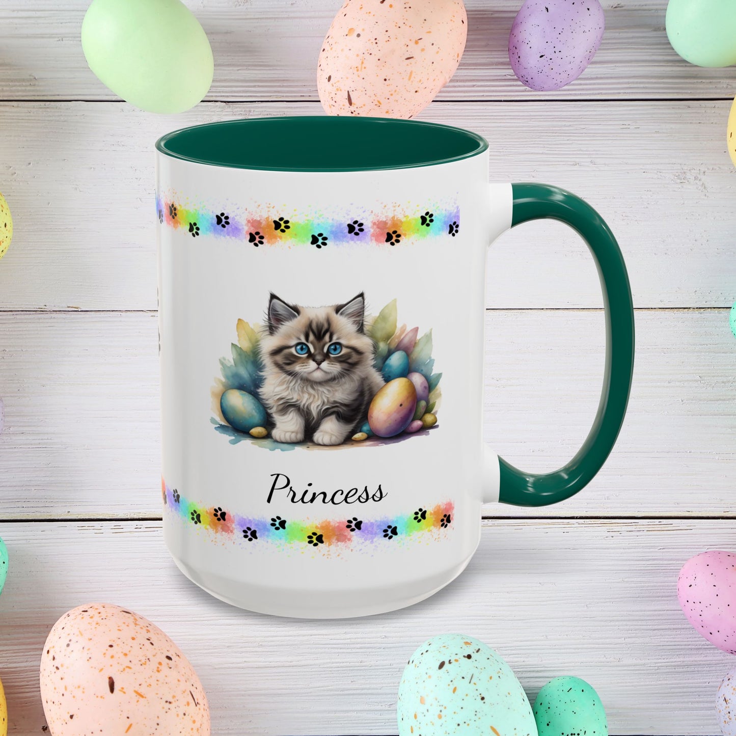 Ragdoll personalized Easter coffee mug, adorable kitten design, cute cat gift for mental health support