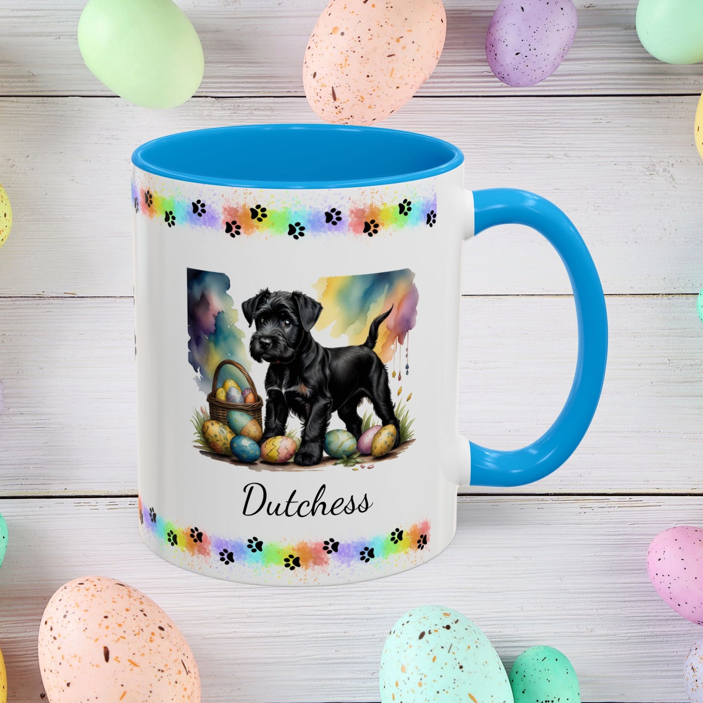 Black Schnauzer Easter puppy coffee mug personalized dog lover gift, promoting peace, positivity, and emotional wellness.
