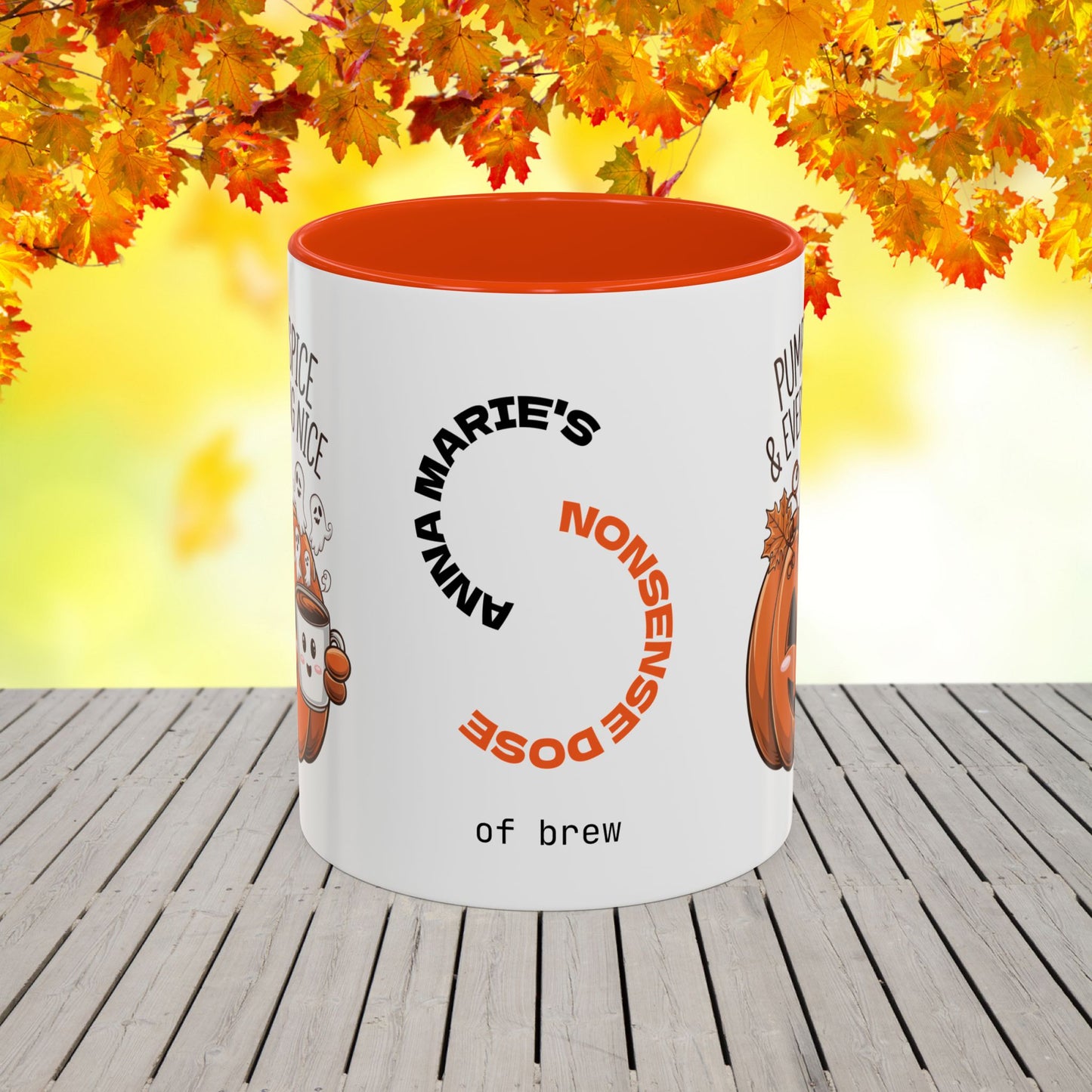 Festive Halloween coffee mug with “Pumpkin Spice & Everything Nice” phrase, promoting positivity and emotional wellness