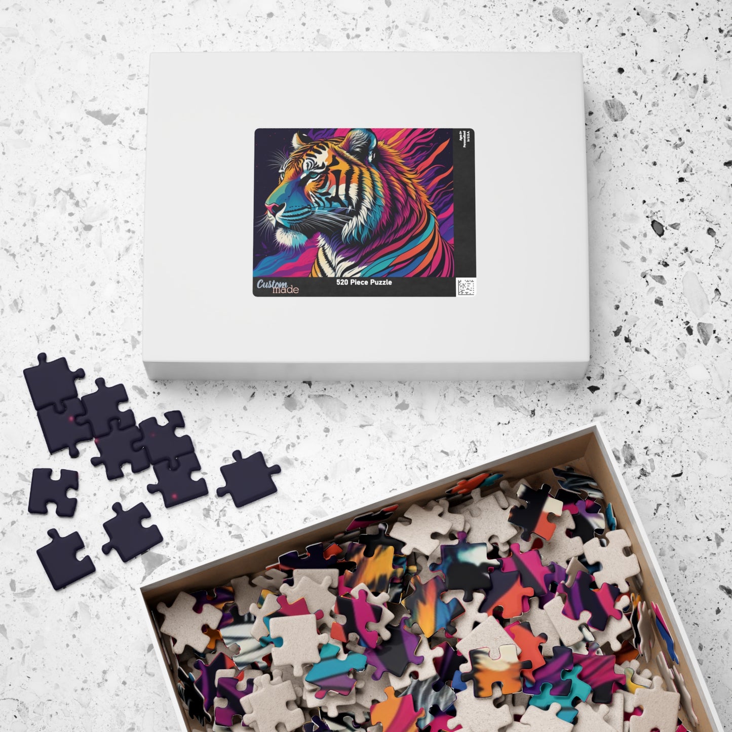 Serene tiger with a thoughtful gaze, featured in a puzzle celebrating quiet strength and balance