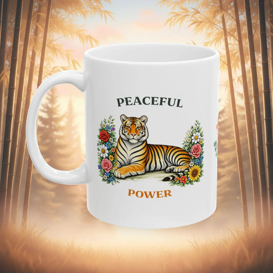 Shop our peaceful power tiger mug featuring the 15oz style option from MySisterIsASurvivor.