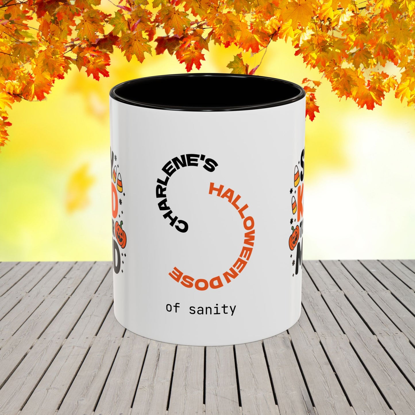 Custom Halloween mug with “Stay Kind to Your Mind” quote, personalized mental wellness gift for everyday encouragement.