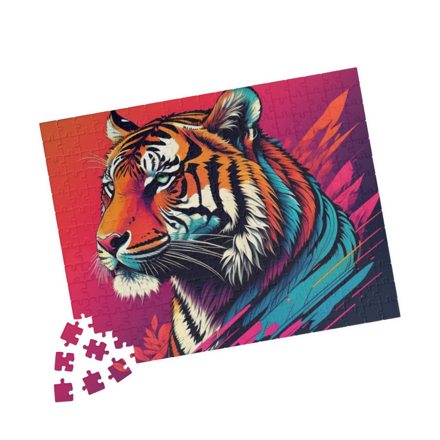Tiger resting peacefully with detailed stripes, captured in a puzzle for calm, creativity, and artistic mindfulness