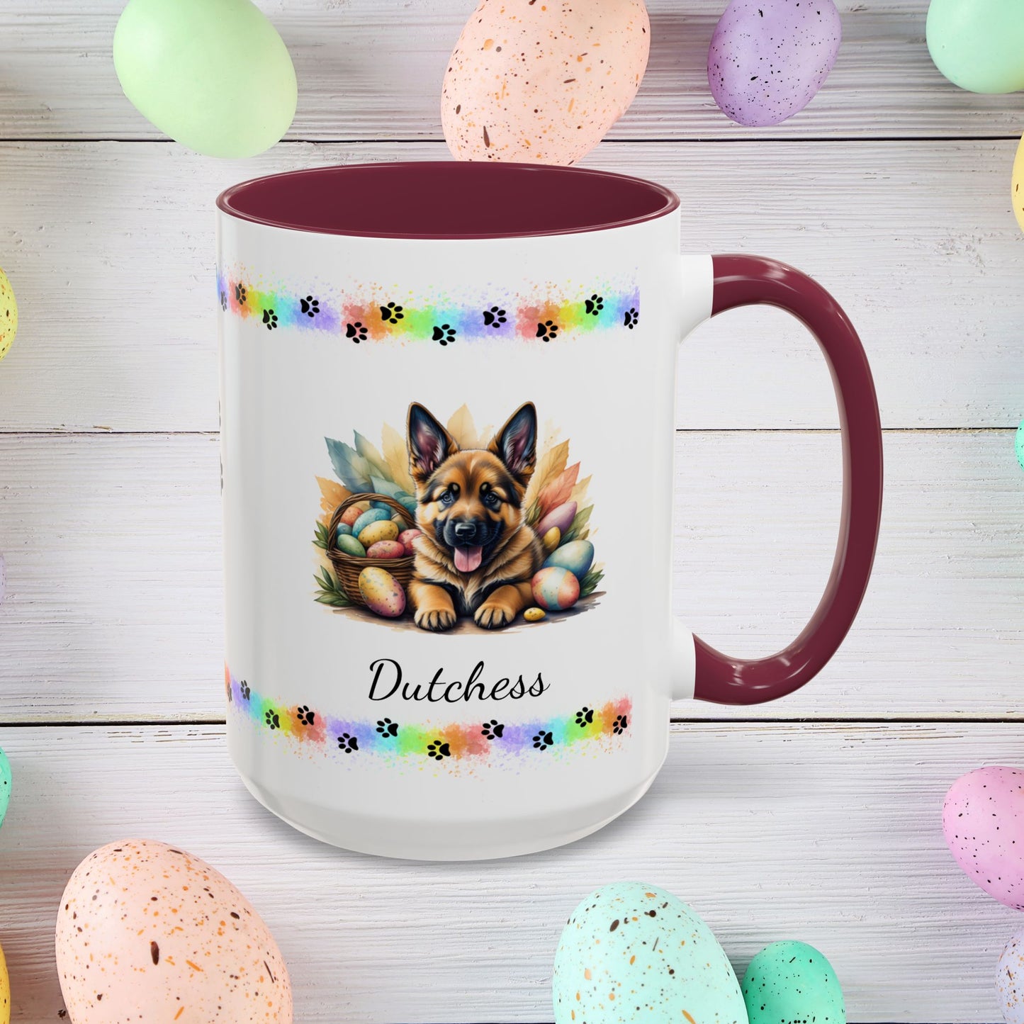 German Shepherd (Saddle): Personalized Easter Puppy Coffee Mug - Adorable Dog Design, Mental Health Gift, 11oz & 15oz, 12 Color Choices, Easter Gifts & Décor