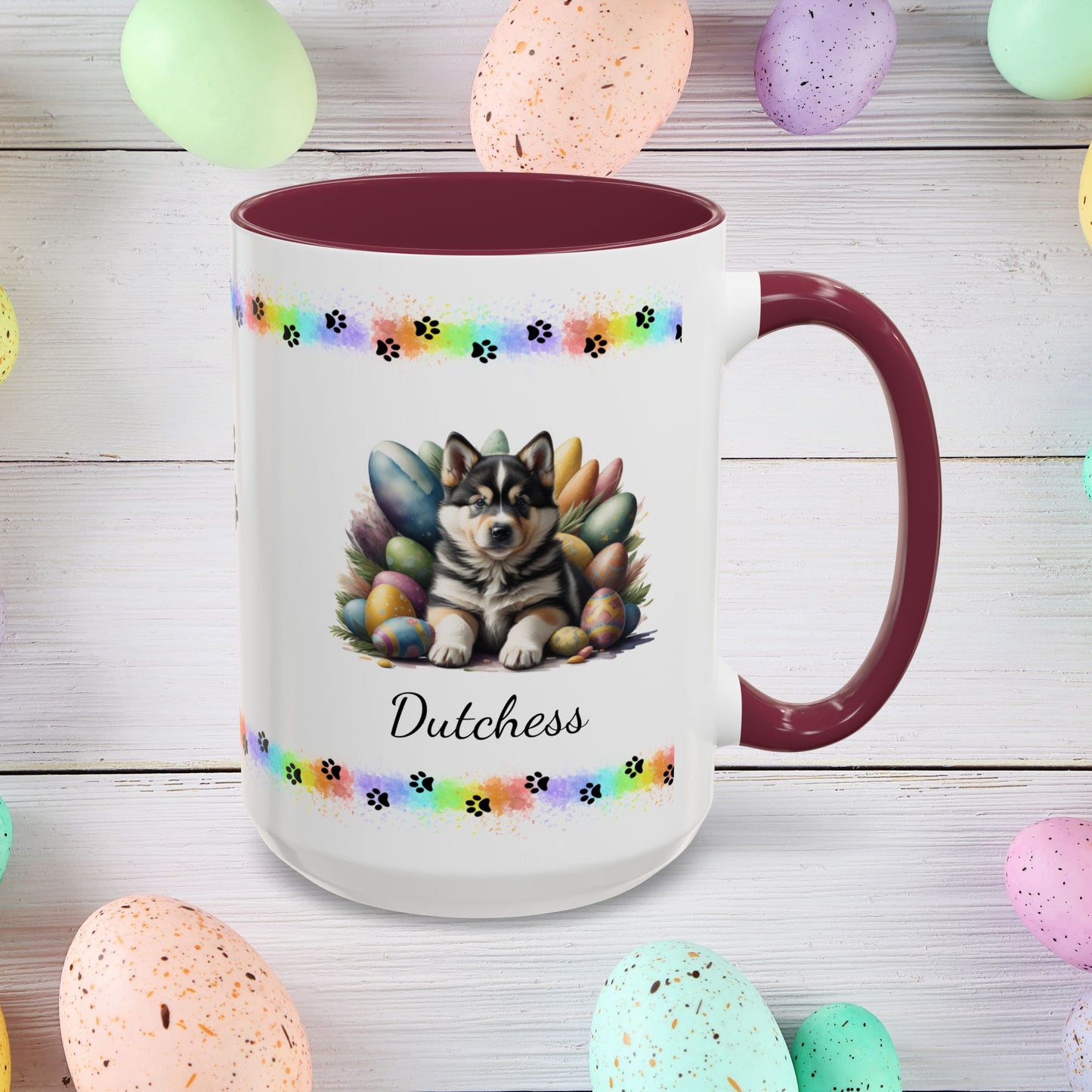 Alaskan Malamute Easter puppy coffee mug, personalized cute dog gift for mental health support and comfort