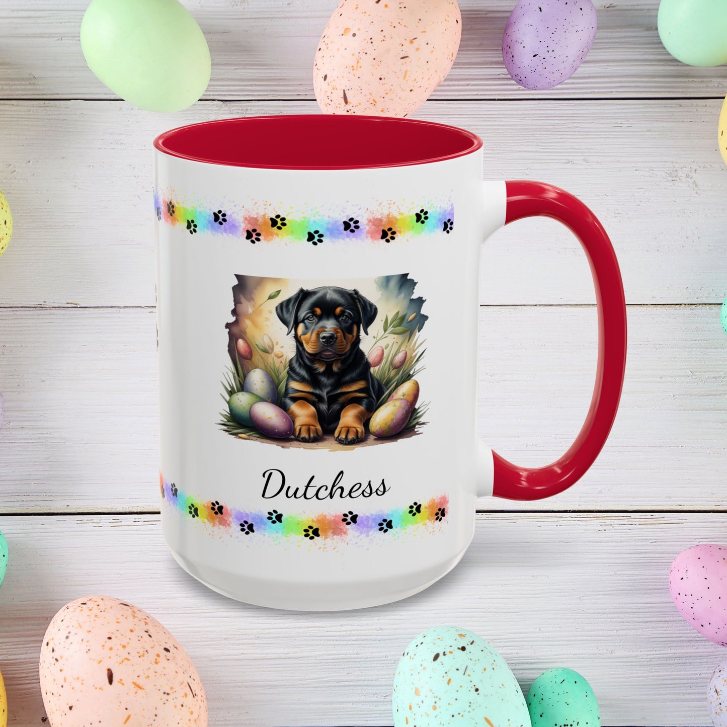 Rottweiler Easter puppy coffee mug personalized dog design, thoughtful gift for self-care and mental health awareness.
