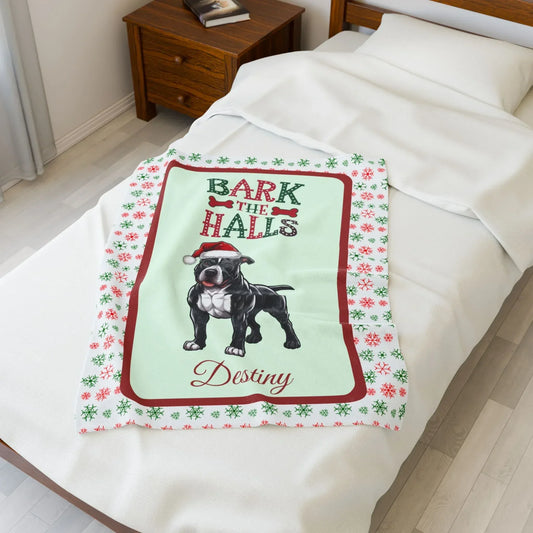 Shop our pitbull black white personalized velveteen plush blanket bark the halls featuring the 50" × 60" style option from MySisterIsASurvivor.