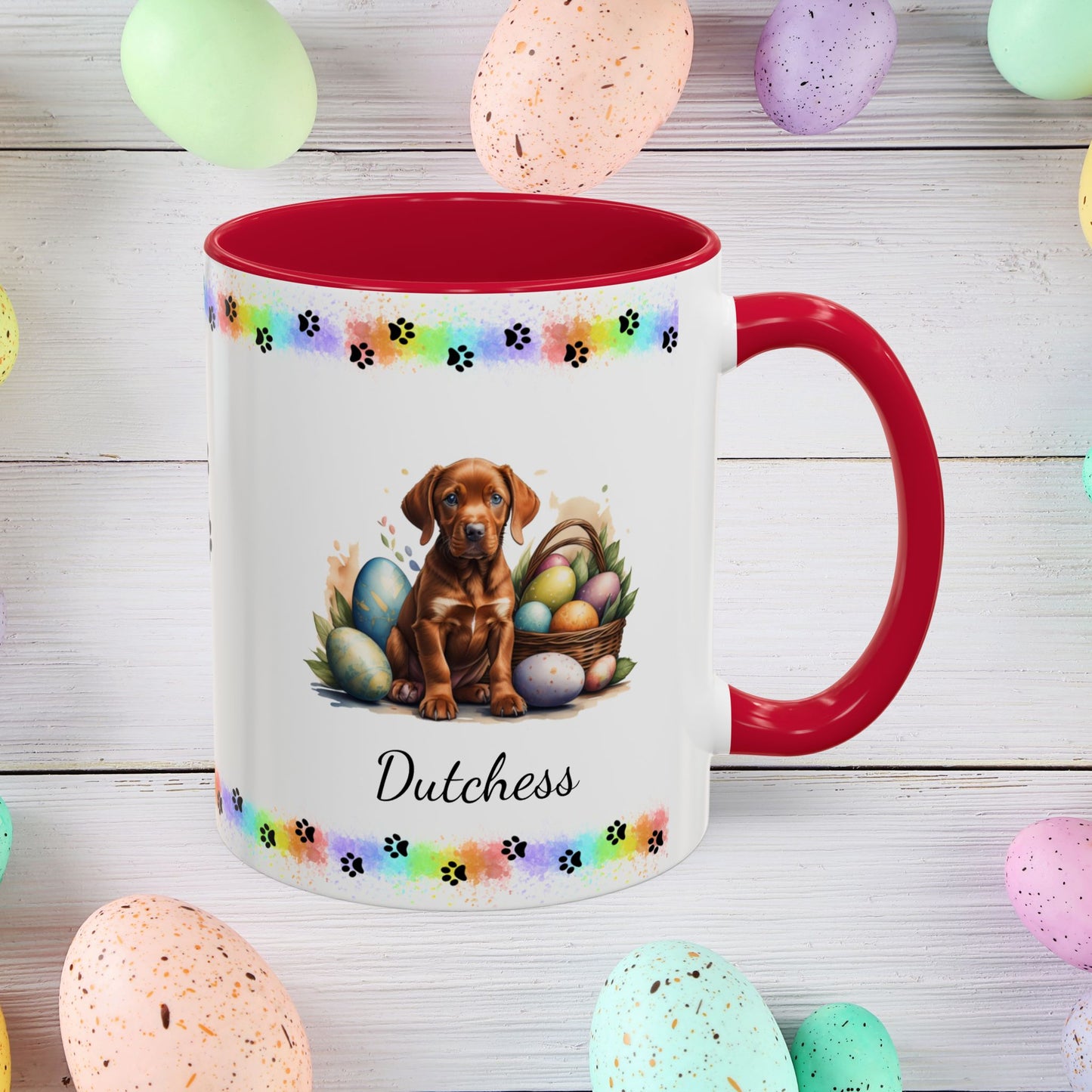 Vizsla Easter puppy coffee mug personalized adorable dog lover gift, great for mindful self-care and Easter gifting.