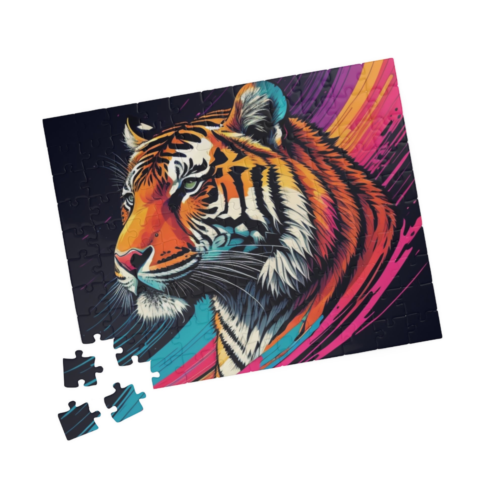 Detailed close-up of tiger stripes, printed on a puzzle that celebrates resilience and natural beauty