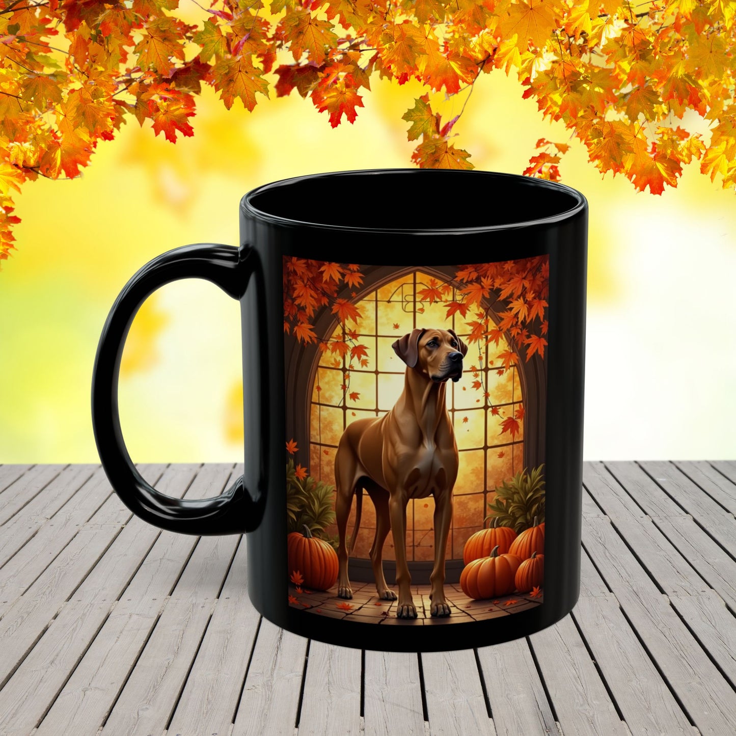 Fawn Great Dane coffee mug with pumpkins and leaves, personalized fall coffee cup for dog lovers