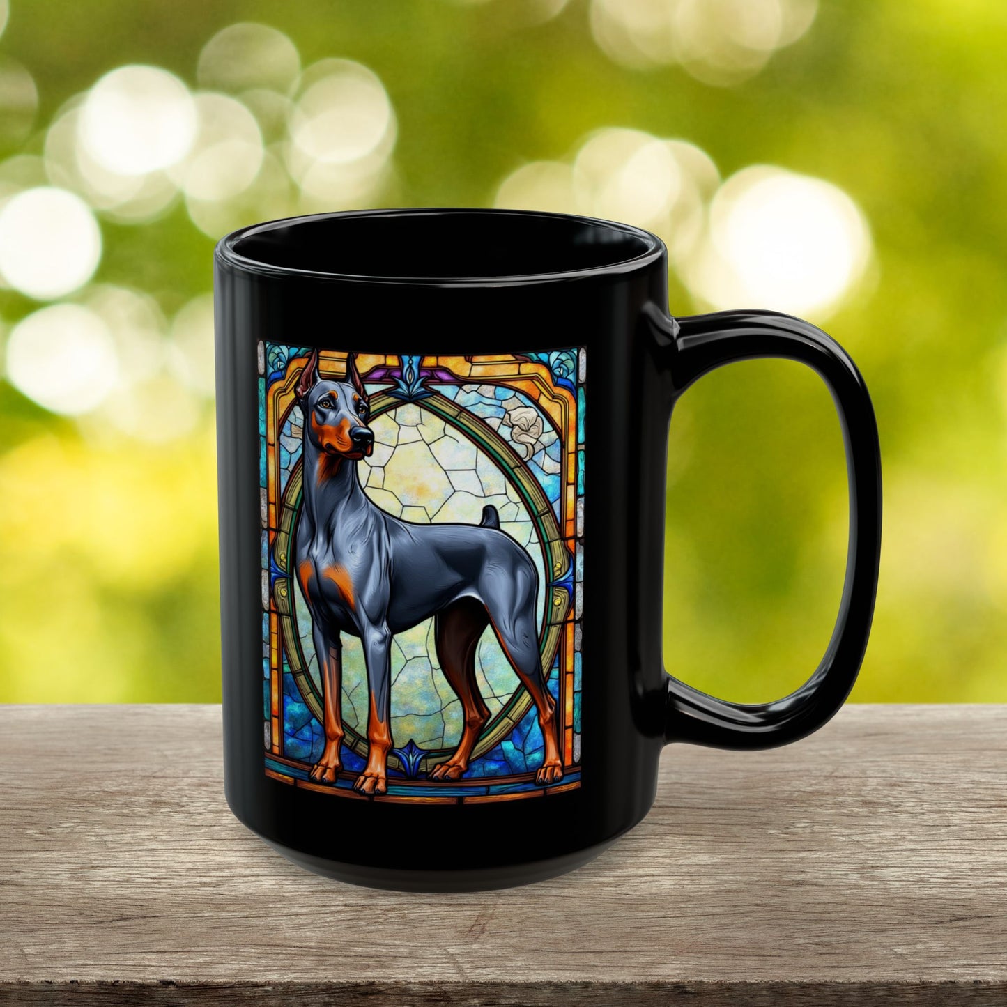 Doberman blue and rust personalized mug, stained glass coffee cup for dog lovers and pet parents