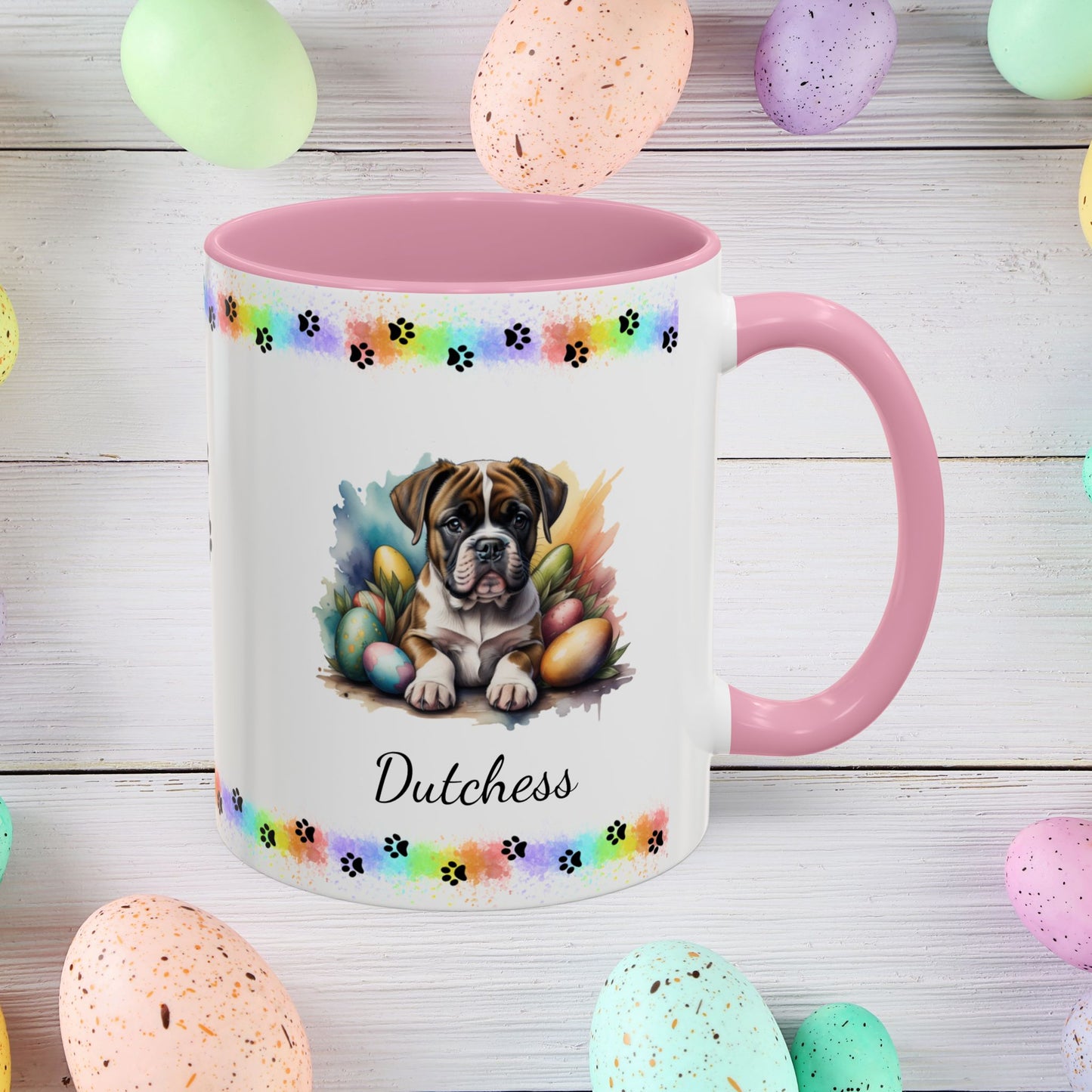 Boxer personalized Easter puppy mug, cute dog coffee cup gift for mental health awareness and dog lovers