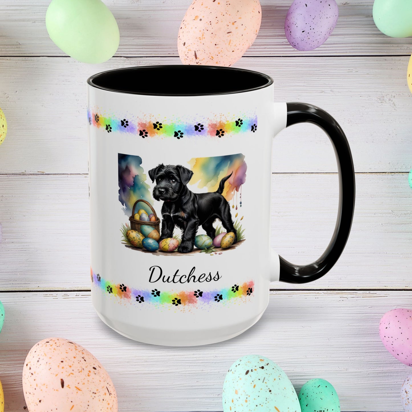 Black Schnauzer Easter puppy coffee mug personalized dog lover gift, promoting peace, positivity, and emotional wellness.