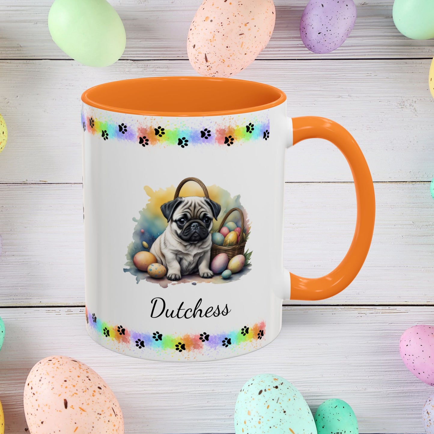 Sweet Pug Easter puppy coffee mug personalized for dog lovers, uplifting mental health and spreading Easter cheer.