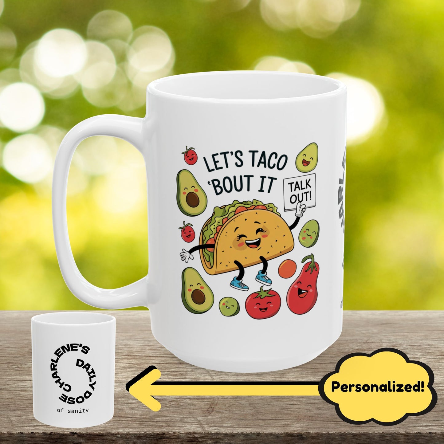 Let's Taco 'Bout It Funny Mental Health Mug, Stylish Ceramic Coffee Cup, Positive Affirmation Gift, Anxiety Relief, Self-Care Mug, Therapist Office Décor