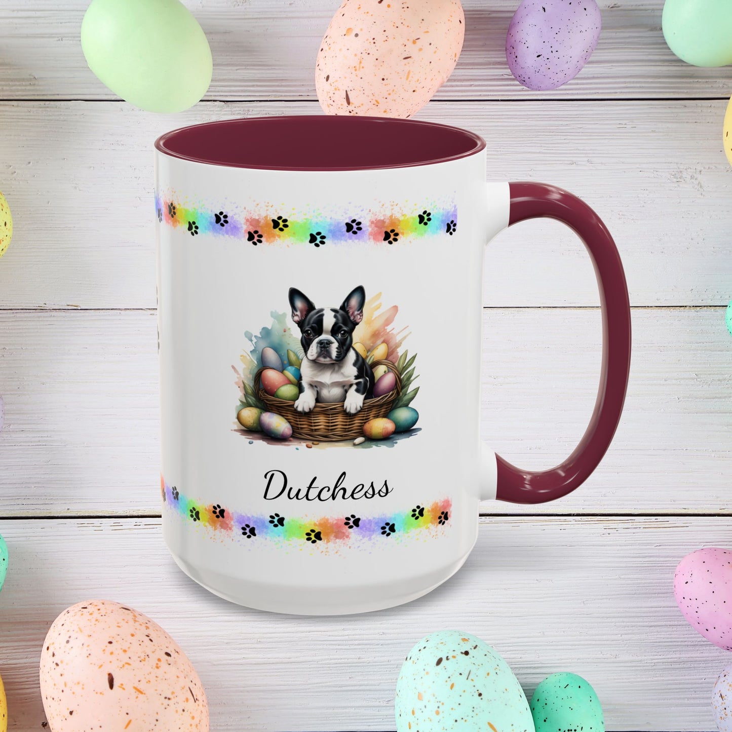 Boston Terrier Easter puppy coffee mug, personalized cute dog gift for mental health support and cozy sipping