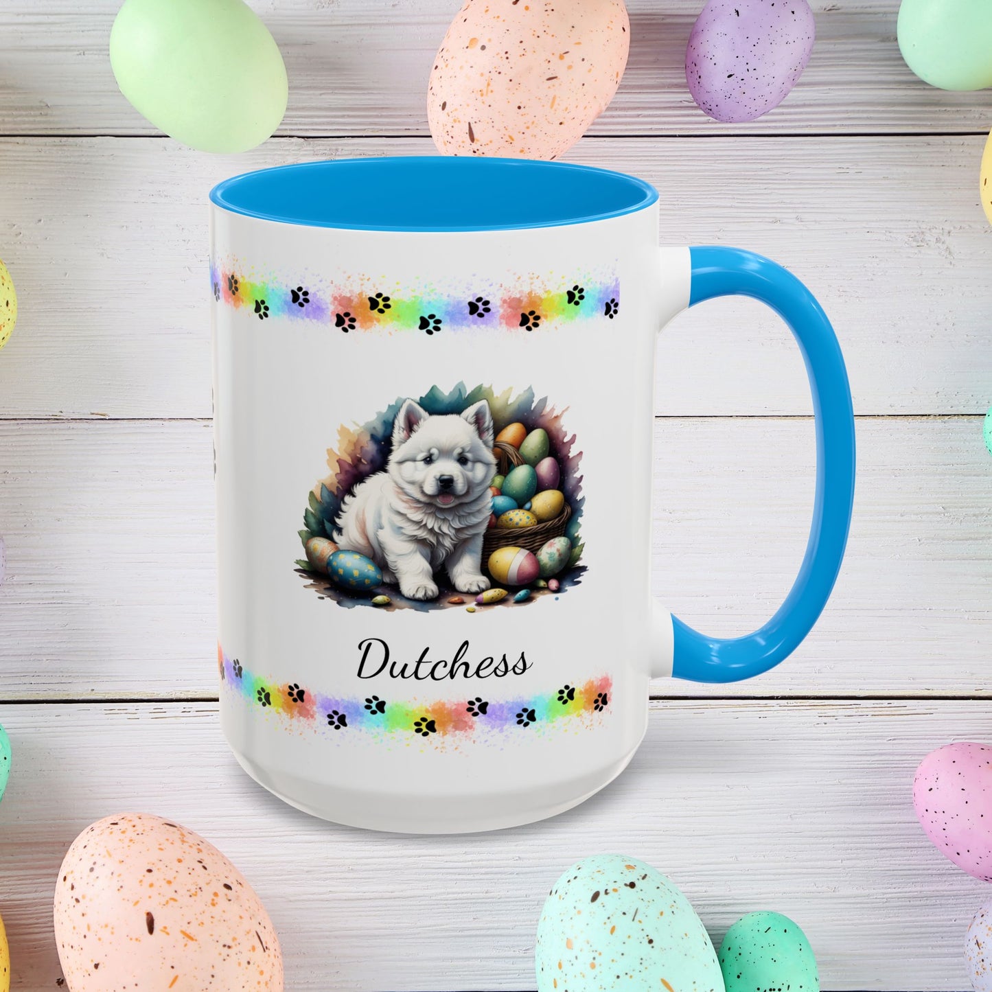 Samoyed Easter puppy coffee mug personalized dog design, cozy mental health gift for spring and daily mindfulness.