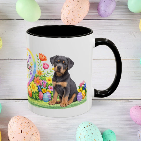 Shop our rottweiler blue puppy easter mug featuring the 11oz style option from MySisterIsASurvivor.