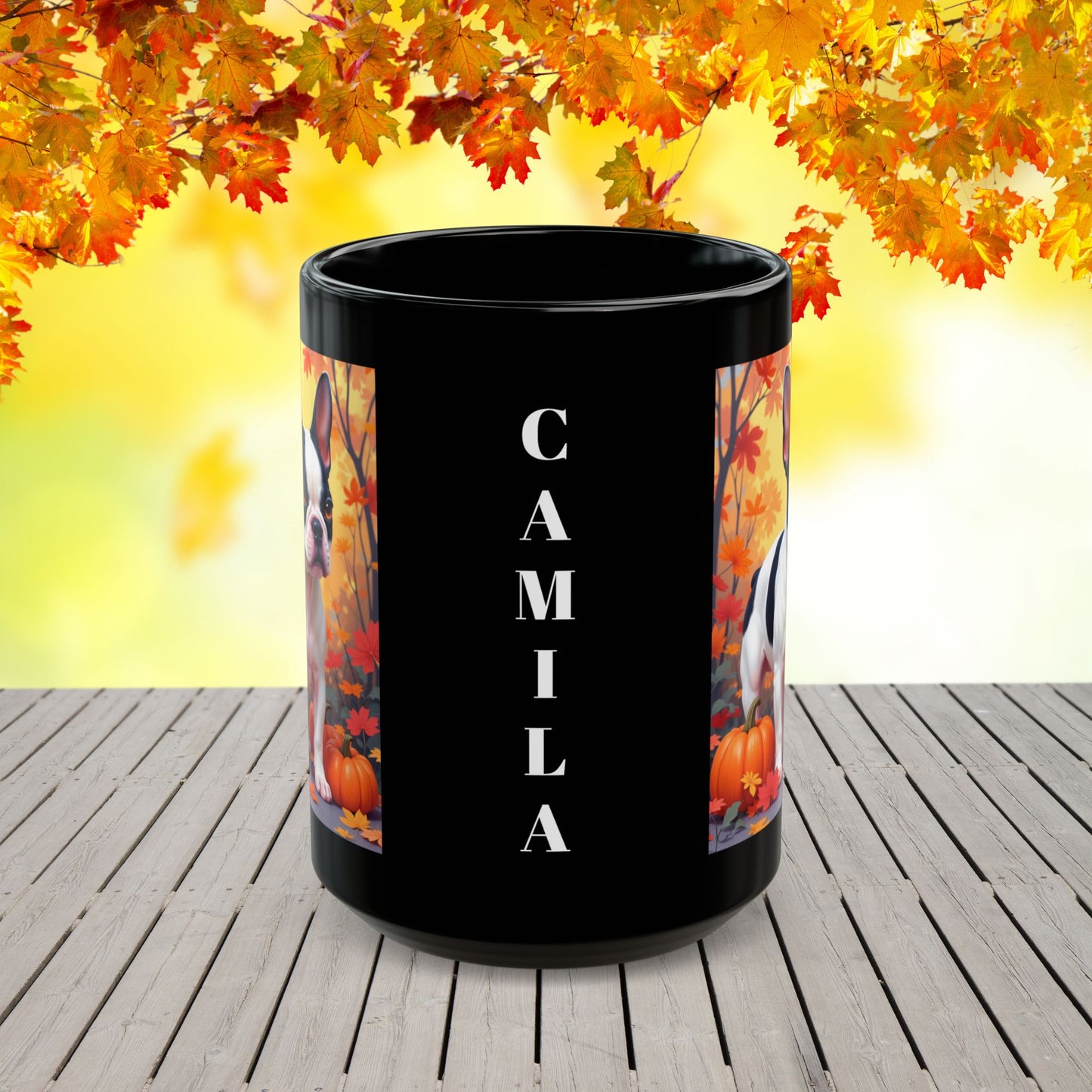 French Bulldog Black Pied - Autumn coffee mug, cozy seasonal dog lover gift for Frenchie parents