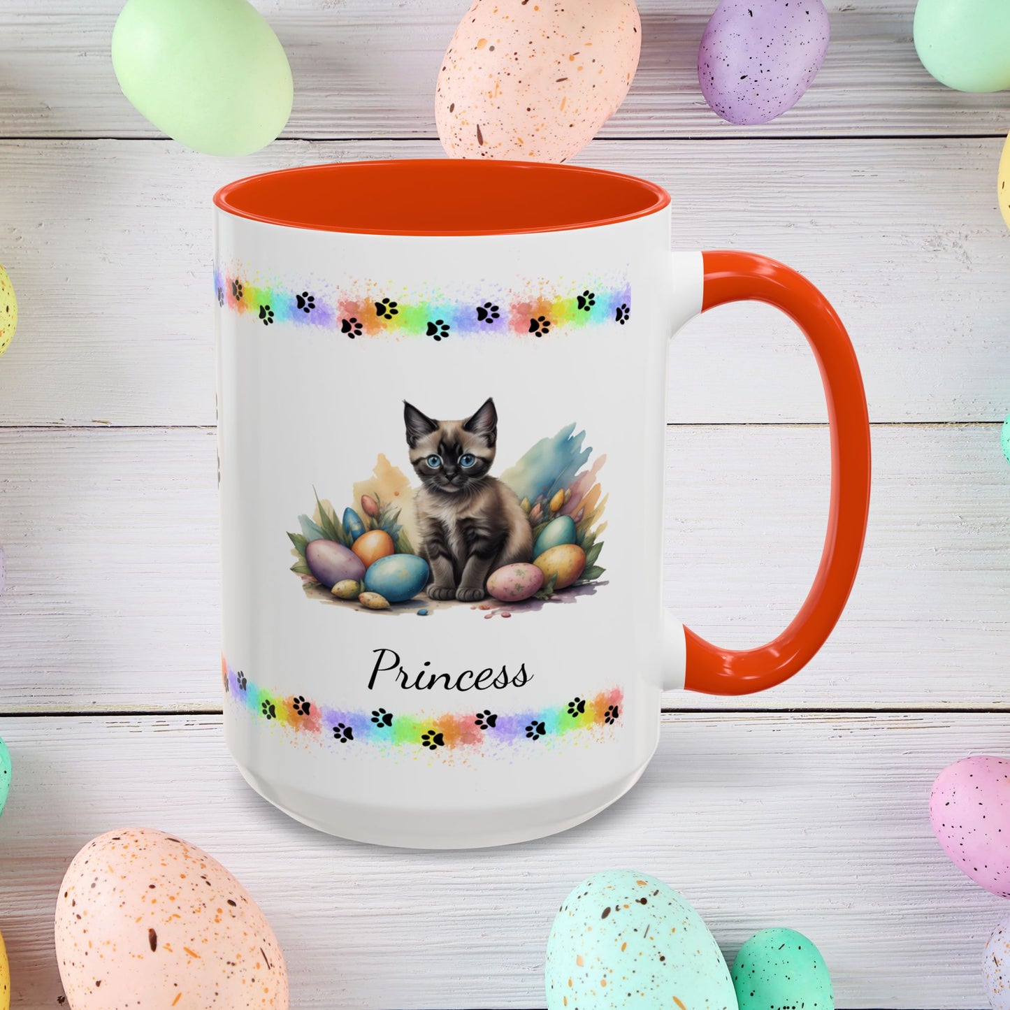 Siamese personalized Easter kitten mug, cute cat coffee cup, gift for mental health support and comfort