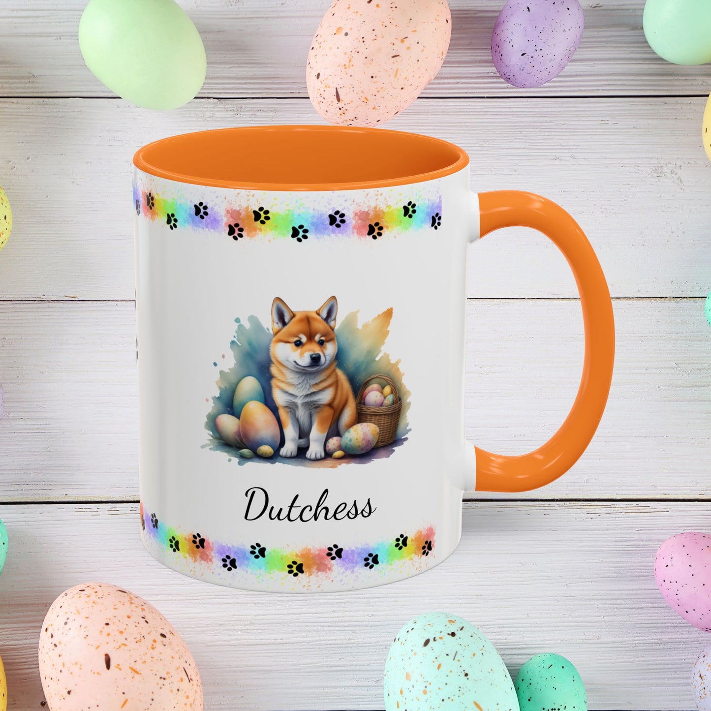 Shiba Inu Easter puppy coffee mug personalized for dog lovers, perfect for mental health support and Easter happiness.