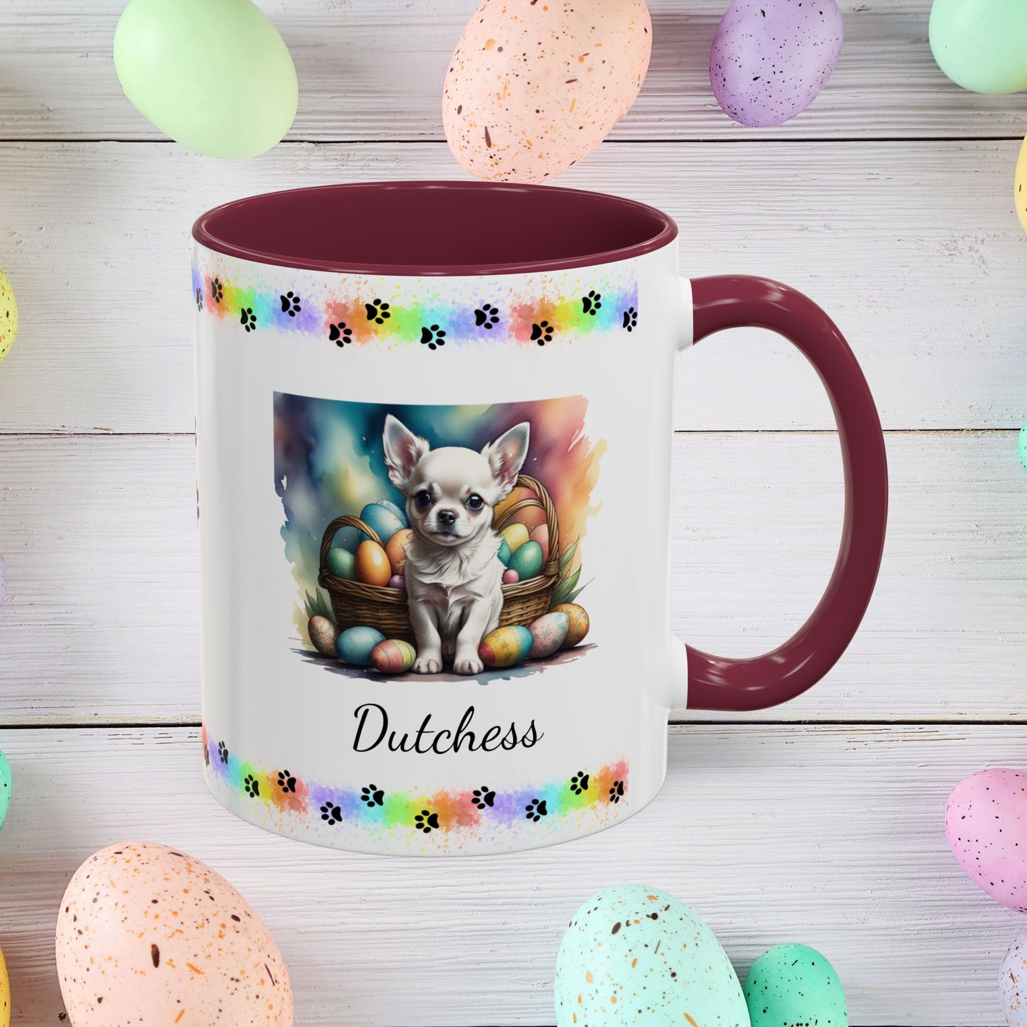 Chihuahua White personalized Easter puppy mug, cute dog coffee cup, mental health awareness gift for dog lovers