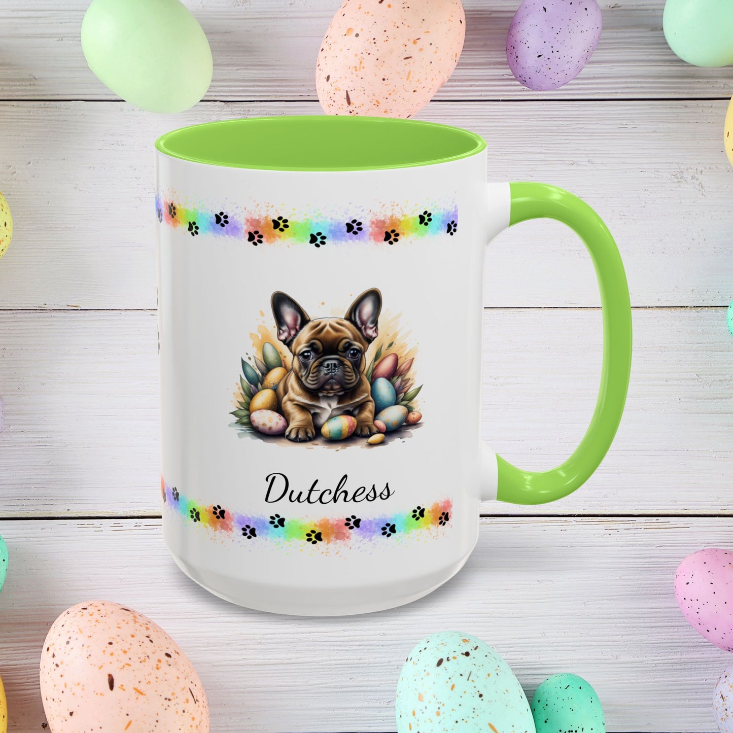 French Bulldog Fawn Easter puppy coffee mug, personalized cute dog gift for mental health support and cozy drinks