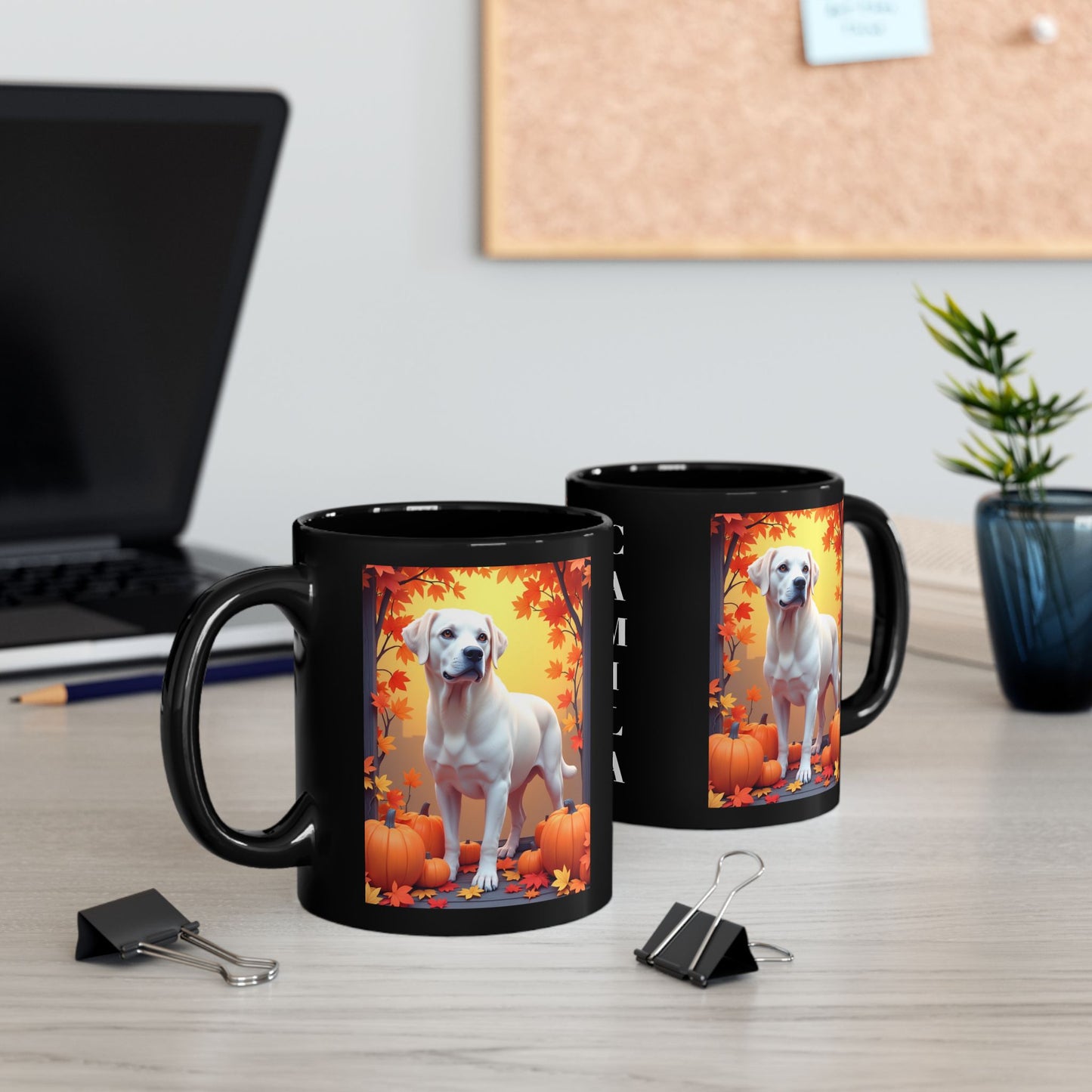 White Labrador autumn mug, personalized coffee cup, custom dog lover fall drinkware - MySisterIsASurvivor