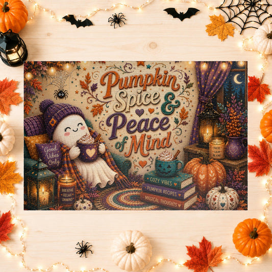 Pumpkin Spice and Peace of Mind Halloween puzzle with ghost, good vibes pillow, and recipe books