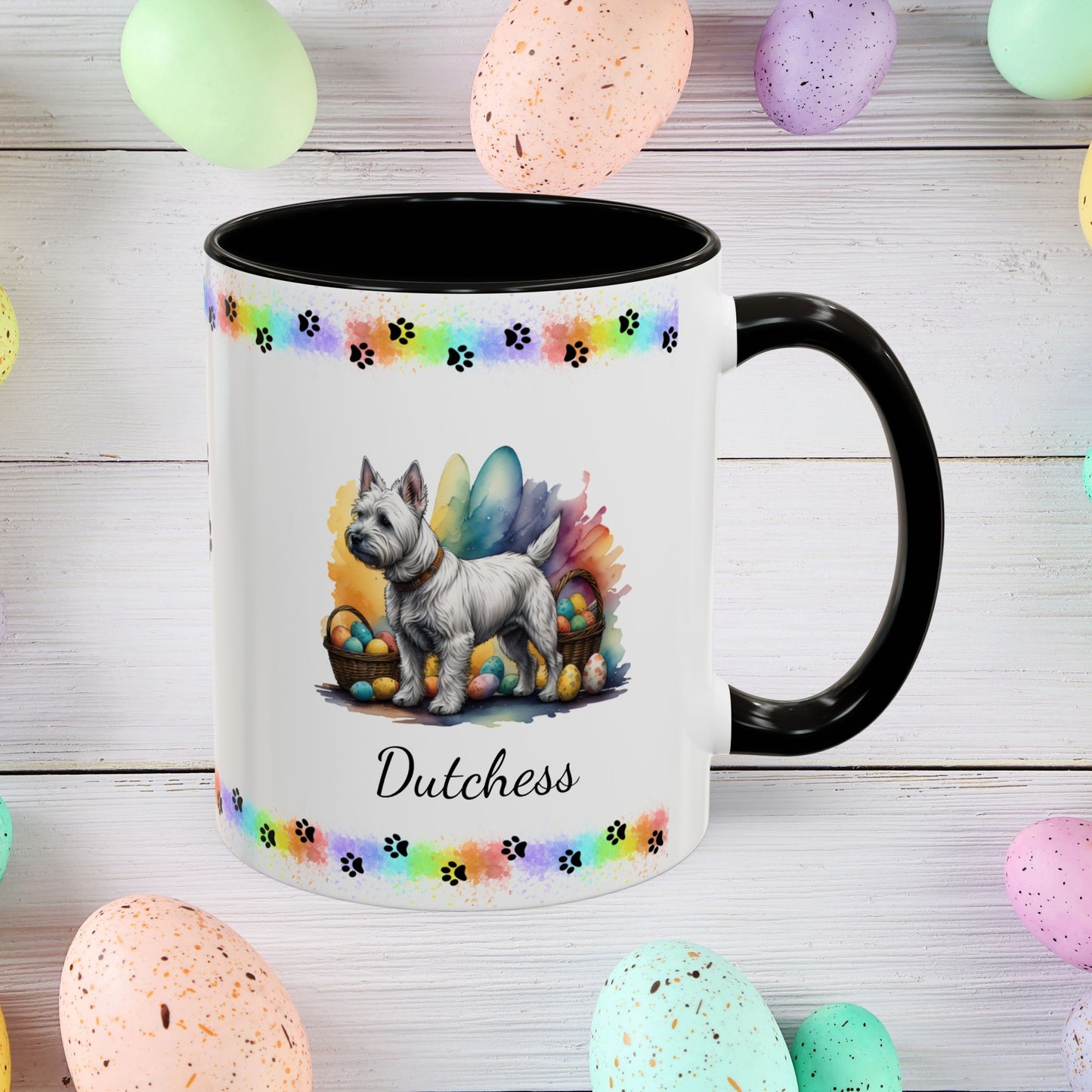 West Highland Terrier Easter puppy coffee mug personalized gift, perfect for Easter mornings and mental health awareness.