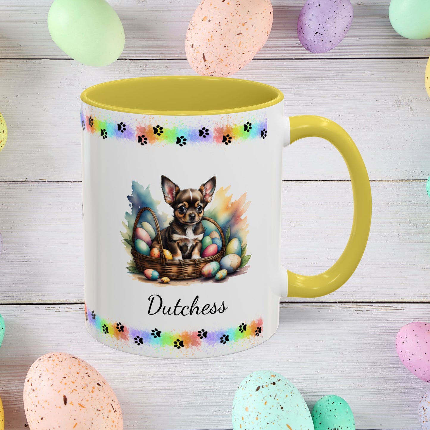 Chihuahua (Black Tri): Personalized Easter Puppy Coffee Mug - Adorable Dog Design, Mental Health Gift, 11oz & 15oz, 12 Color Choices, Easter Gifts & Décor