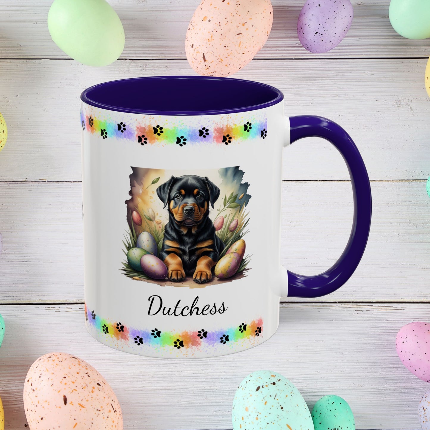 Rottweiler Easter puppy coffee mug personalized dog design, thoughtful gift for self-care and mental health awareness.