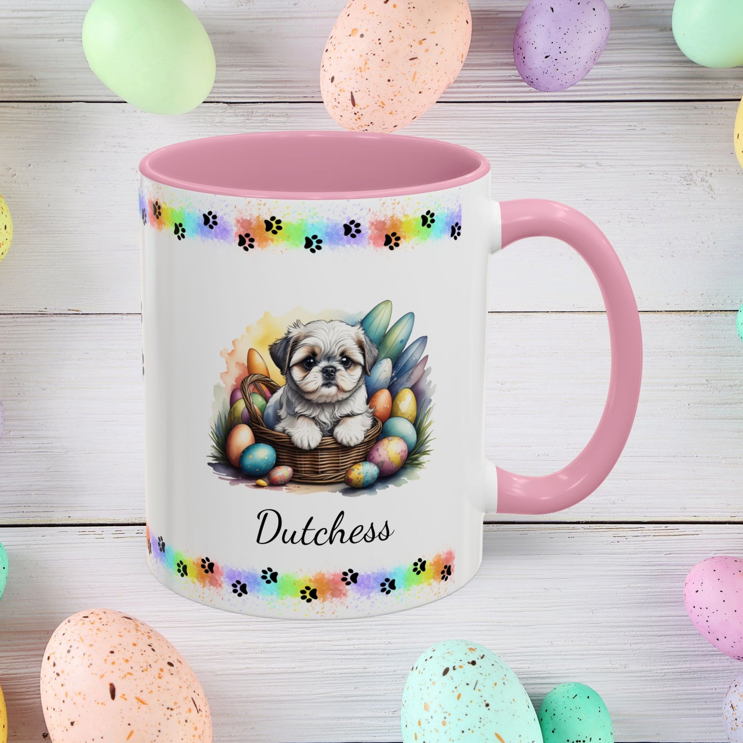 Silver and white Shih Tzu Easter puppy coffee mug, adorable personalized dog gift for comfort, hope, and self-care.