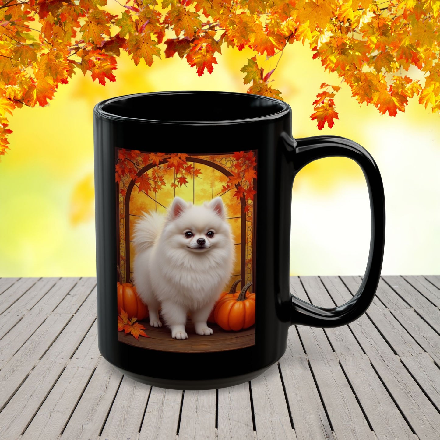 White Pomeranian personalized fall coffee mug, custom dog lover gift for cozy autumn drinks