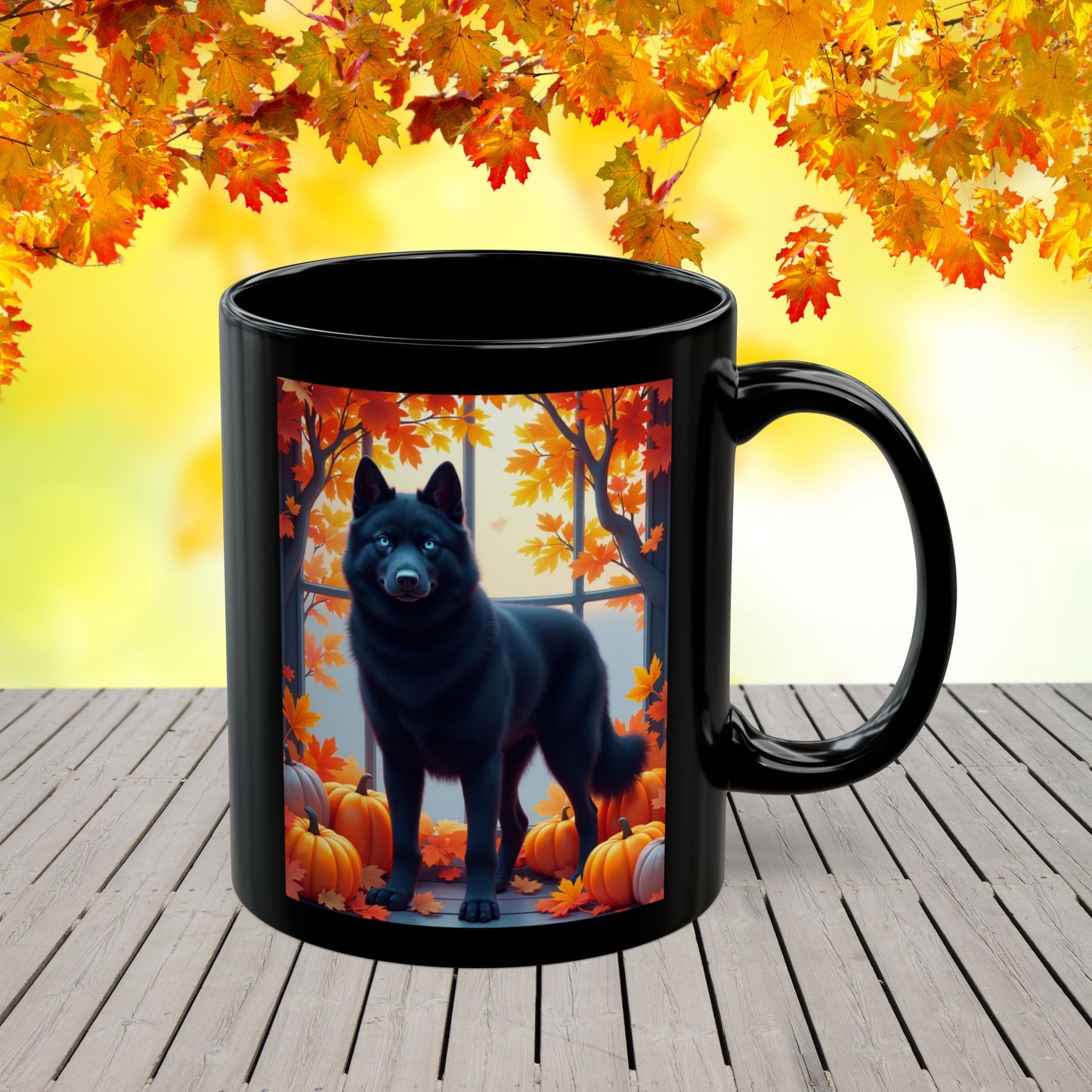 Black Siberian Husky (Blue Eyes) fall mug, custom coffee cup for Husky owners and pet parents