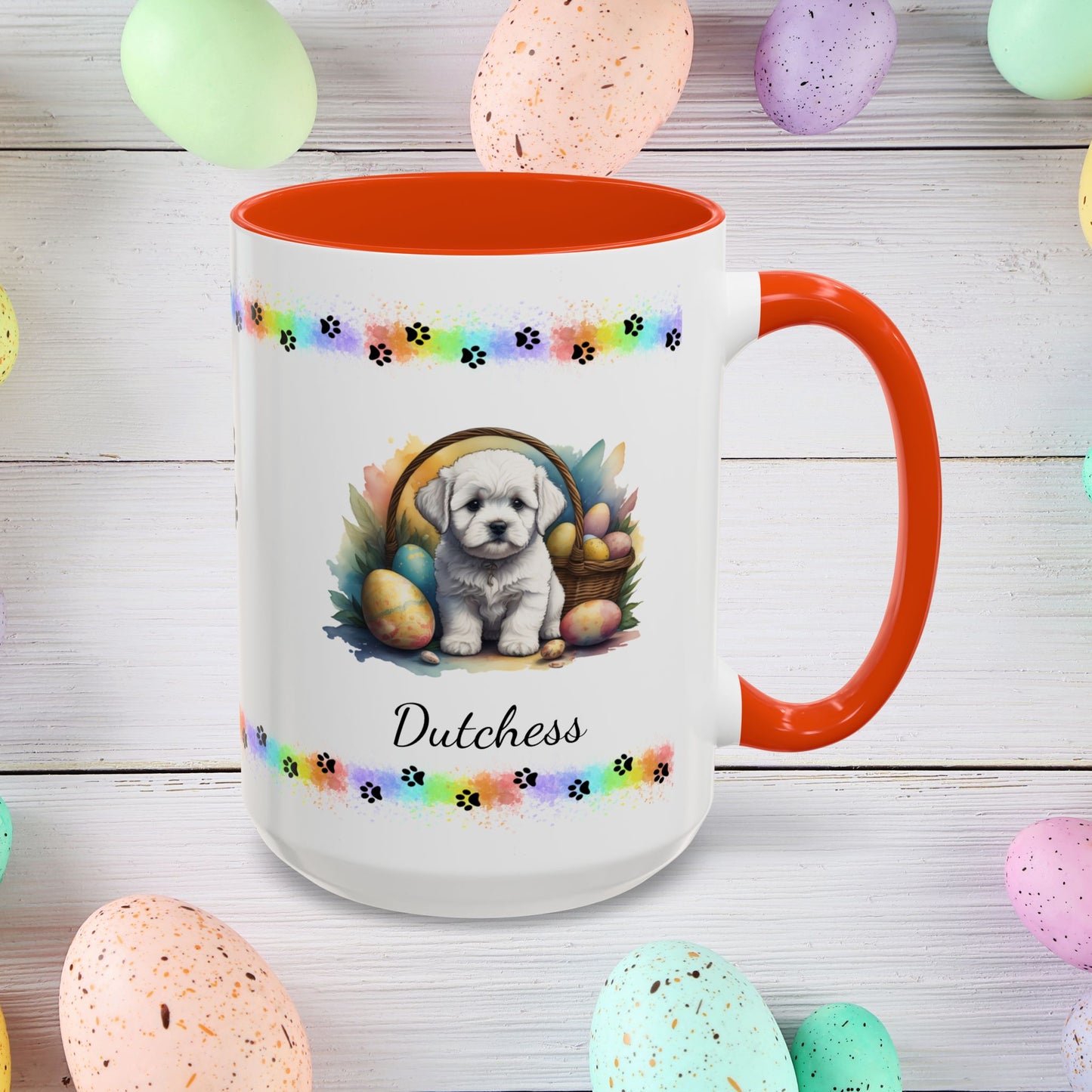 Bichon Frise personalized Easter puppy mug, cute dog coffee cup gift for mental health awareness and comfort