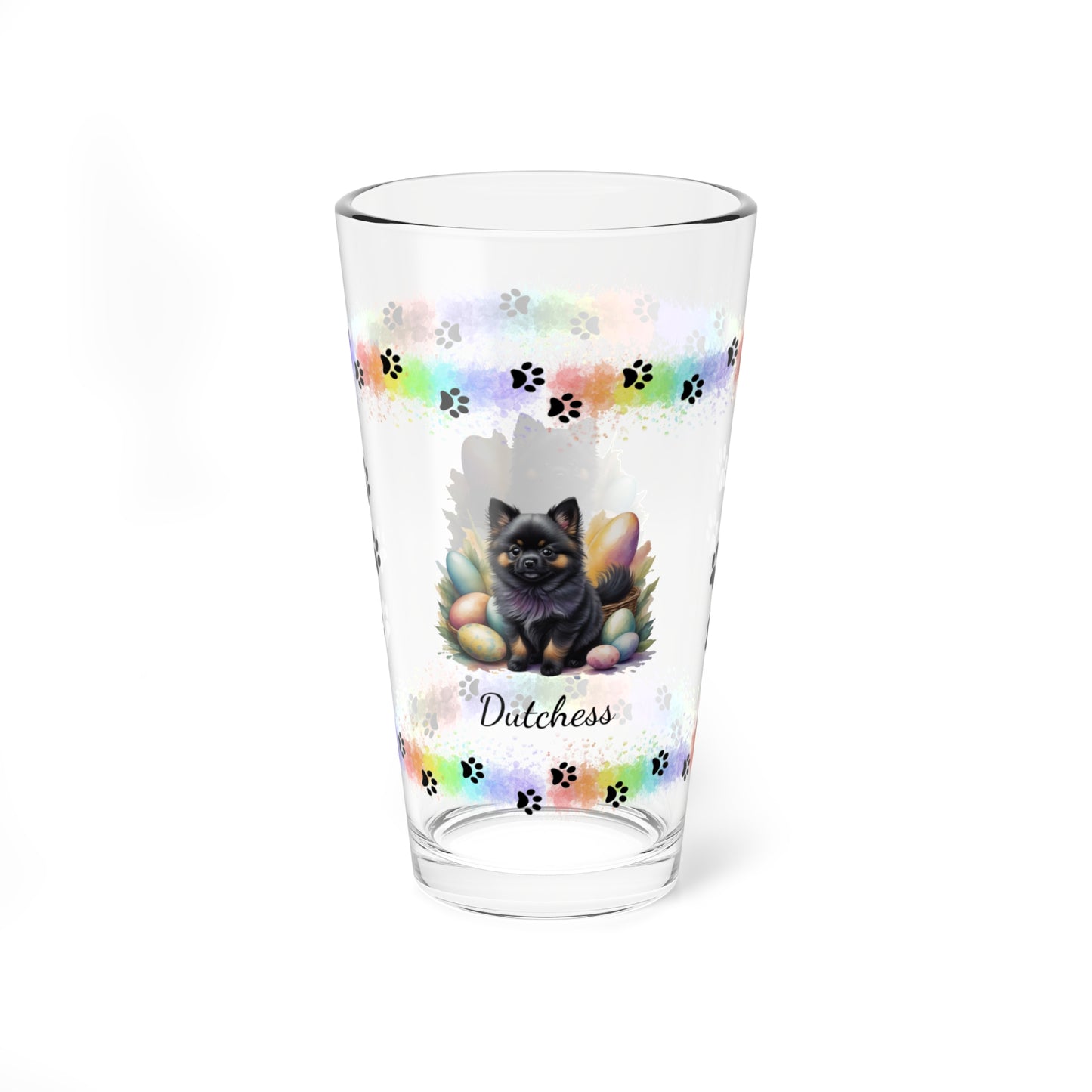 Pomeranian (Black & Tan) Personalized Easter Puppy 16oz Pint Glass - Custom Dog Design, Mental Health Gift, Easter Décor, and Festive Celebrations