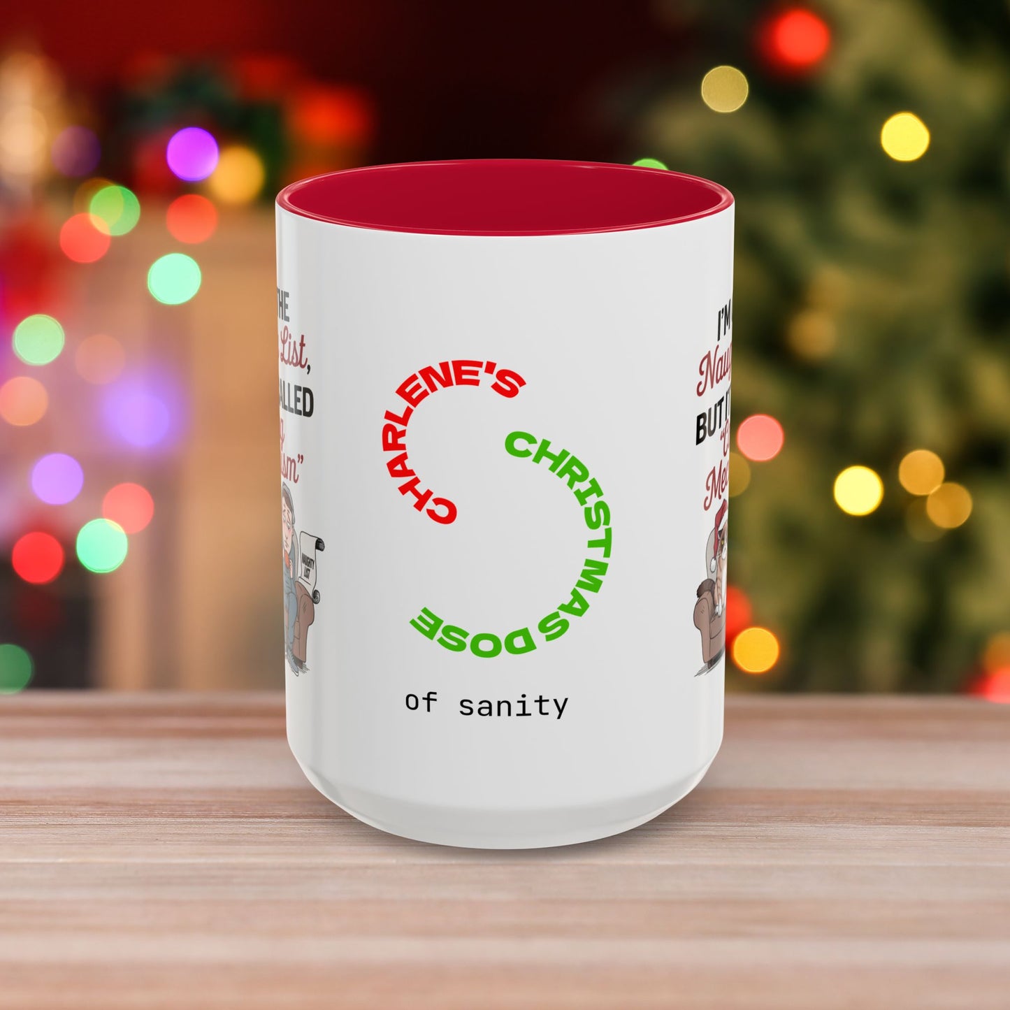 I'm On The Naughty List, But It's Called 'Coping Mechanism' - Christmas Mug with Male and Cat Design and Accent Color