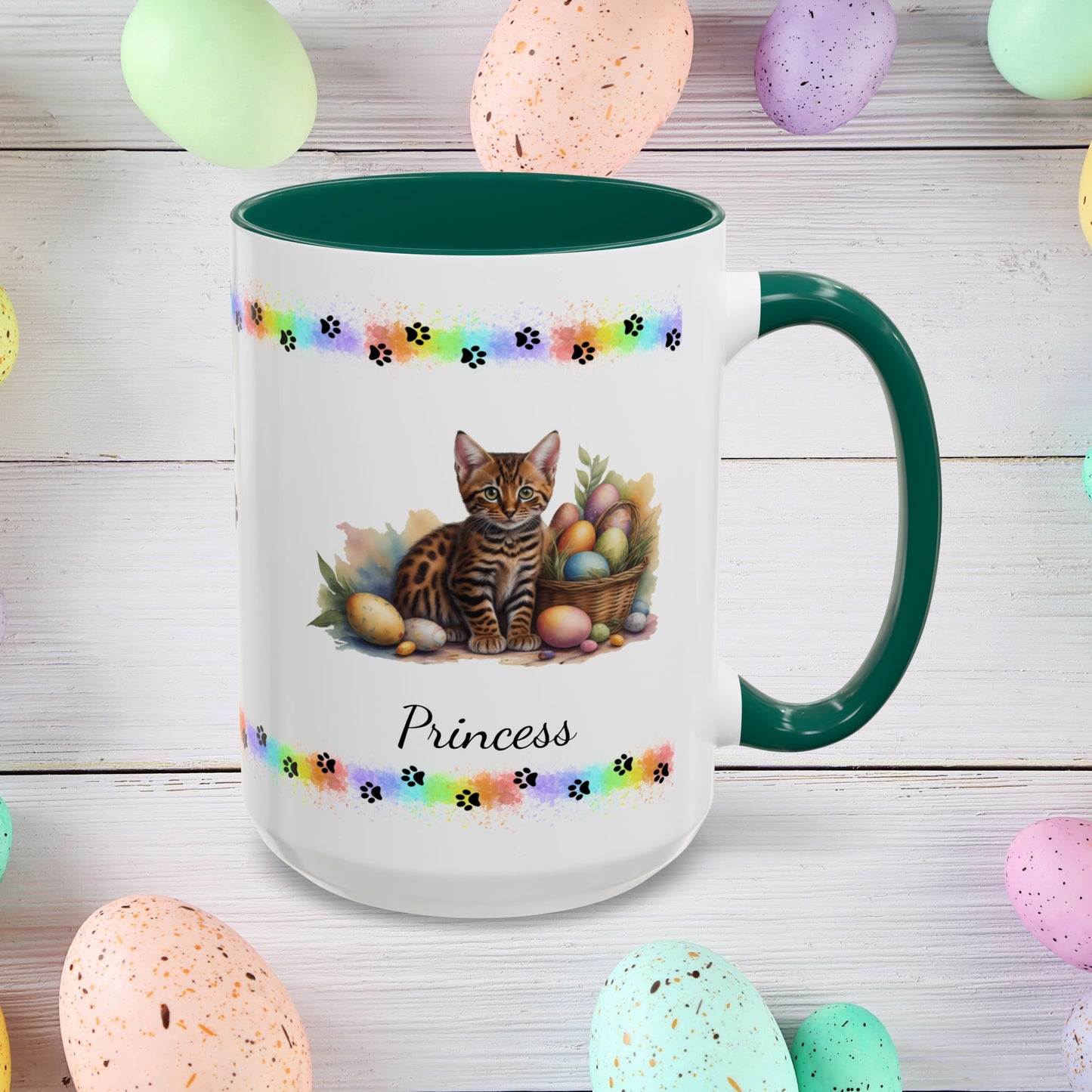 Bengal personalized Easter coffee mug, adorable kitten design, cute cat gift for mental health awareness and comfort