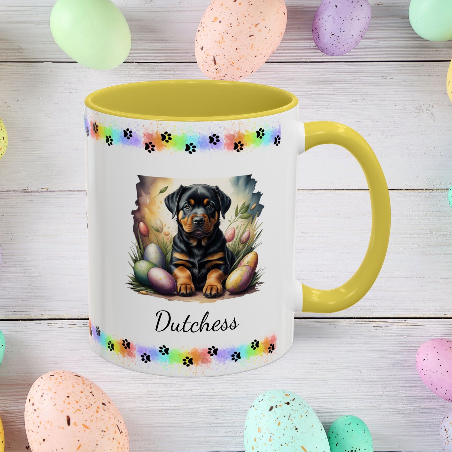 Rottweiler Easter puppy coffee mug personalized dog design, thoughtful gift for self-care and mental health awareness.