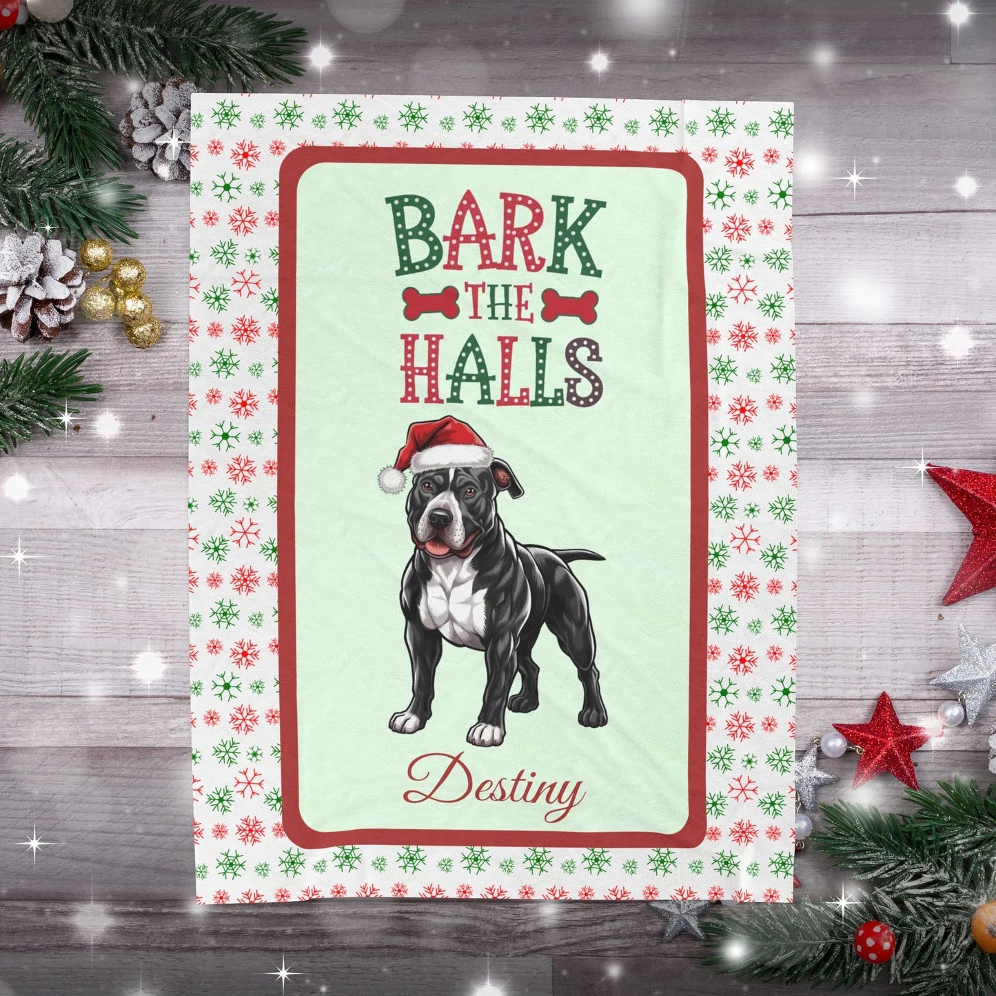 Shop our premium pitbull black white personalized velveteen plush blanket bark the halls from MySisterIsASurvivor.