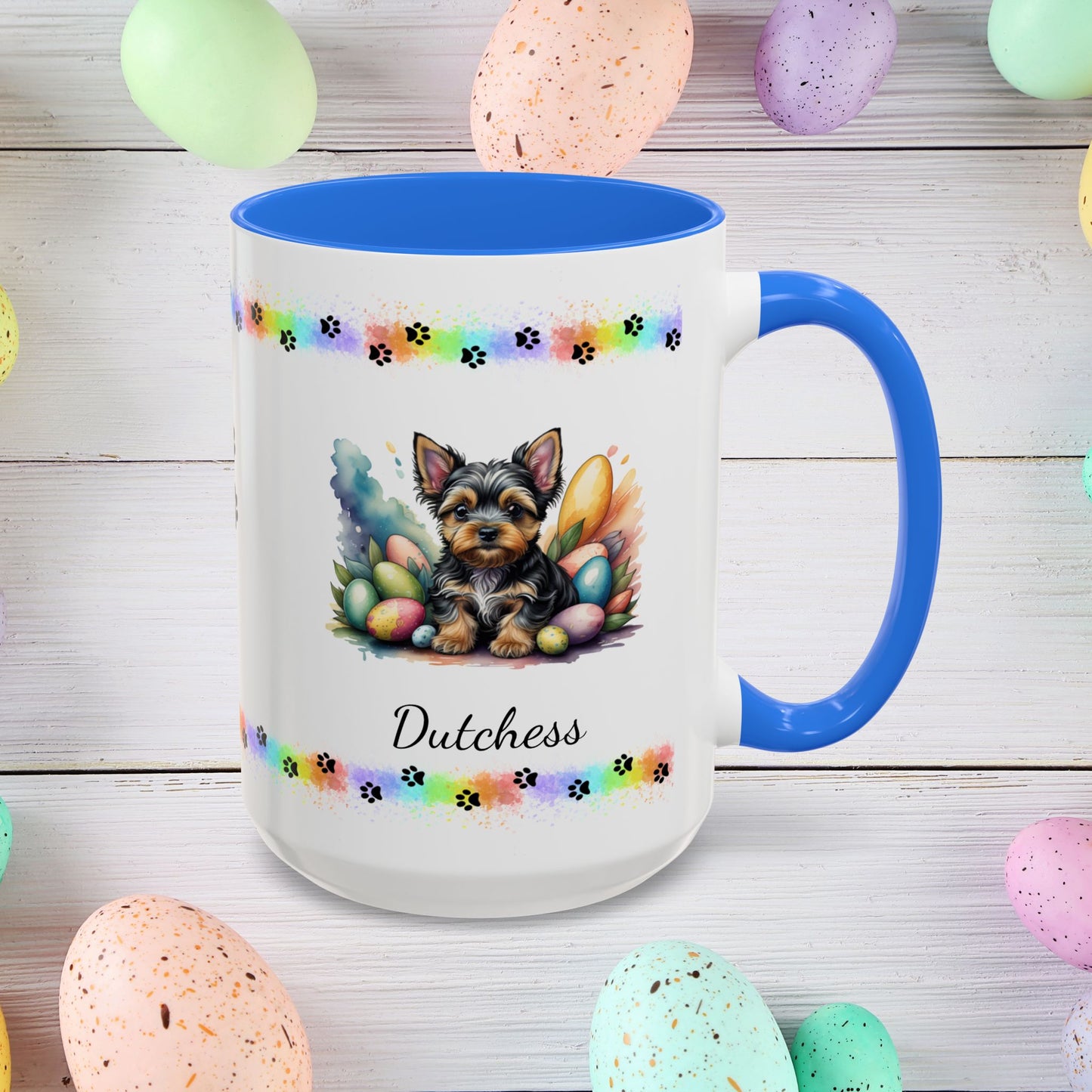 Yorkshire Terrier Easter puppy coffee mug personalized dog gift, perfect for mindfulness, self-care, and spring positivity.