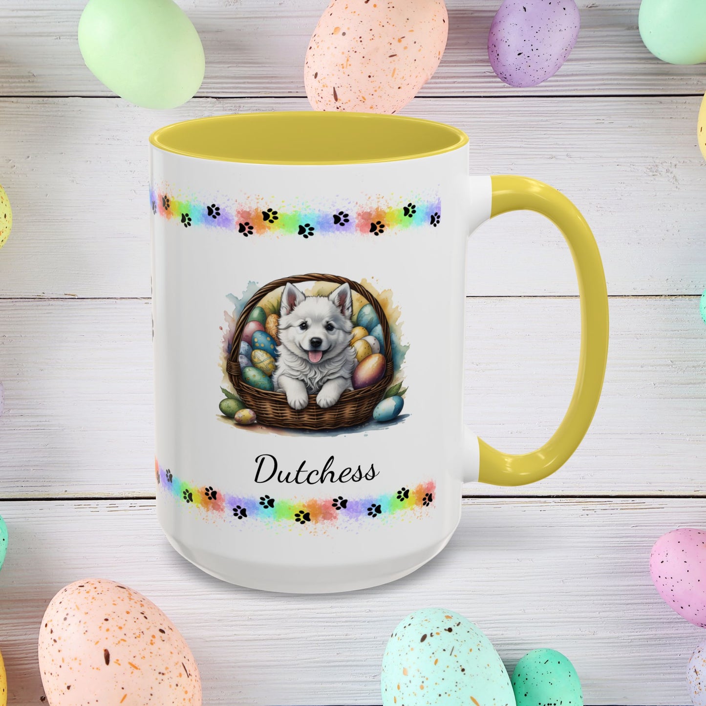 American Eskimo personalized Easter puppy mug, cute dog coffee cup, mental health awareness gift for dog lovers