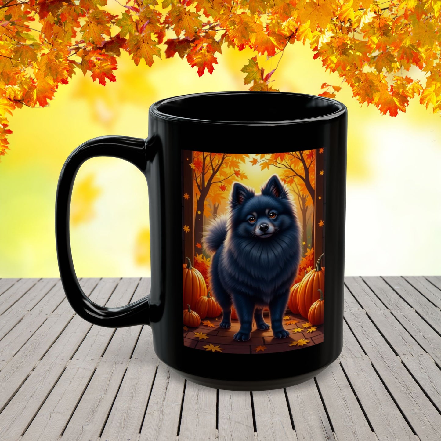 Blue Pomeranian custom autumn mug, personalized dog parent coffee cup for seasonal fall vibes