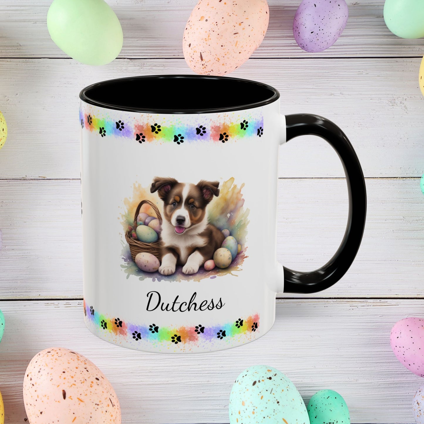 Border Collie Brown & White personalized Easter puppy mug, cute dog coffee cup, mental health awareness gift