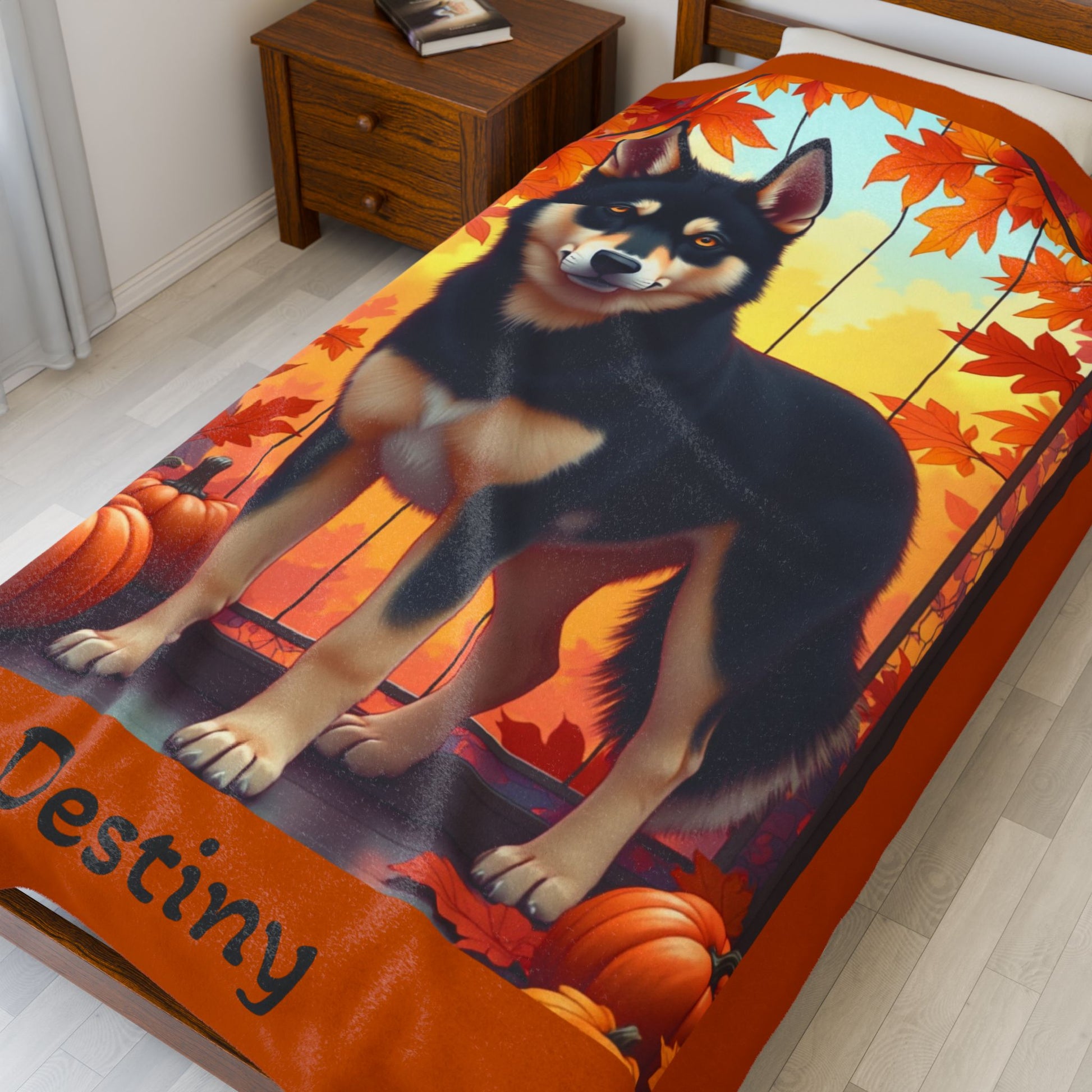 Siberian Husky Black & Tan Coat (Amber Eyes) Velveteen Blanket, Custom Plush Dog Throw