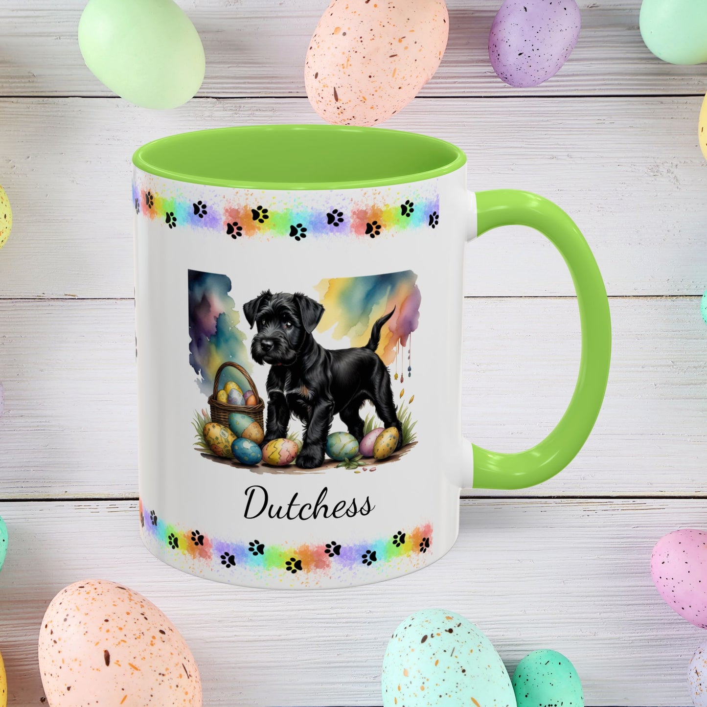 Black Schnauzer Easter puppy coffee mug personalized dog lover gift, promoting peace, positivity, and emotional wellness.