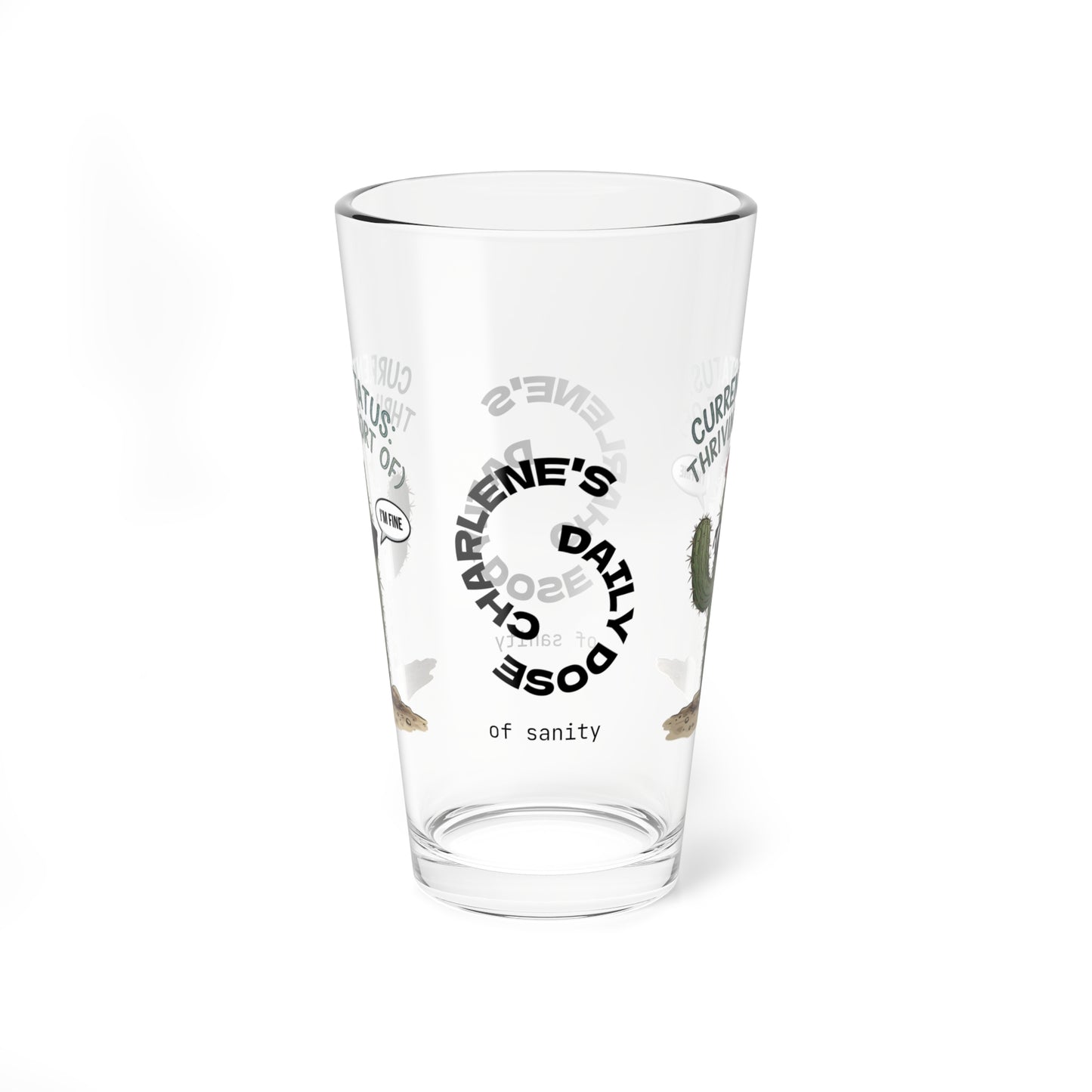 "Current Status: Thriving (Sort Of)" personalized funny pint glass with attitude and daily humor.